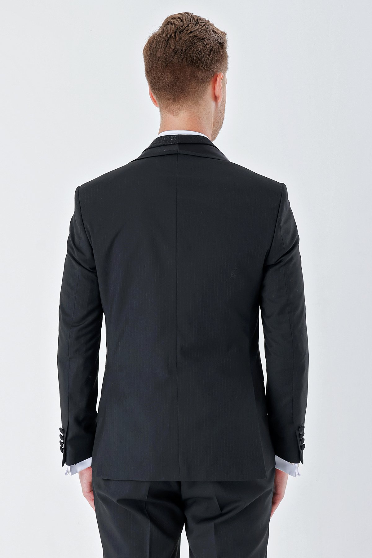 İMZA Çizgili Çıkarılabilir Şal Yaka Yelekli 6 Drop Slim Fit Smokin Damatlık Takım 1001230212 görsel 8