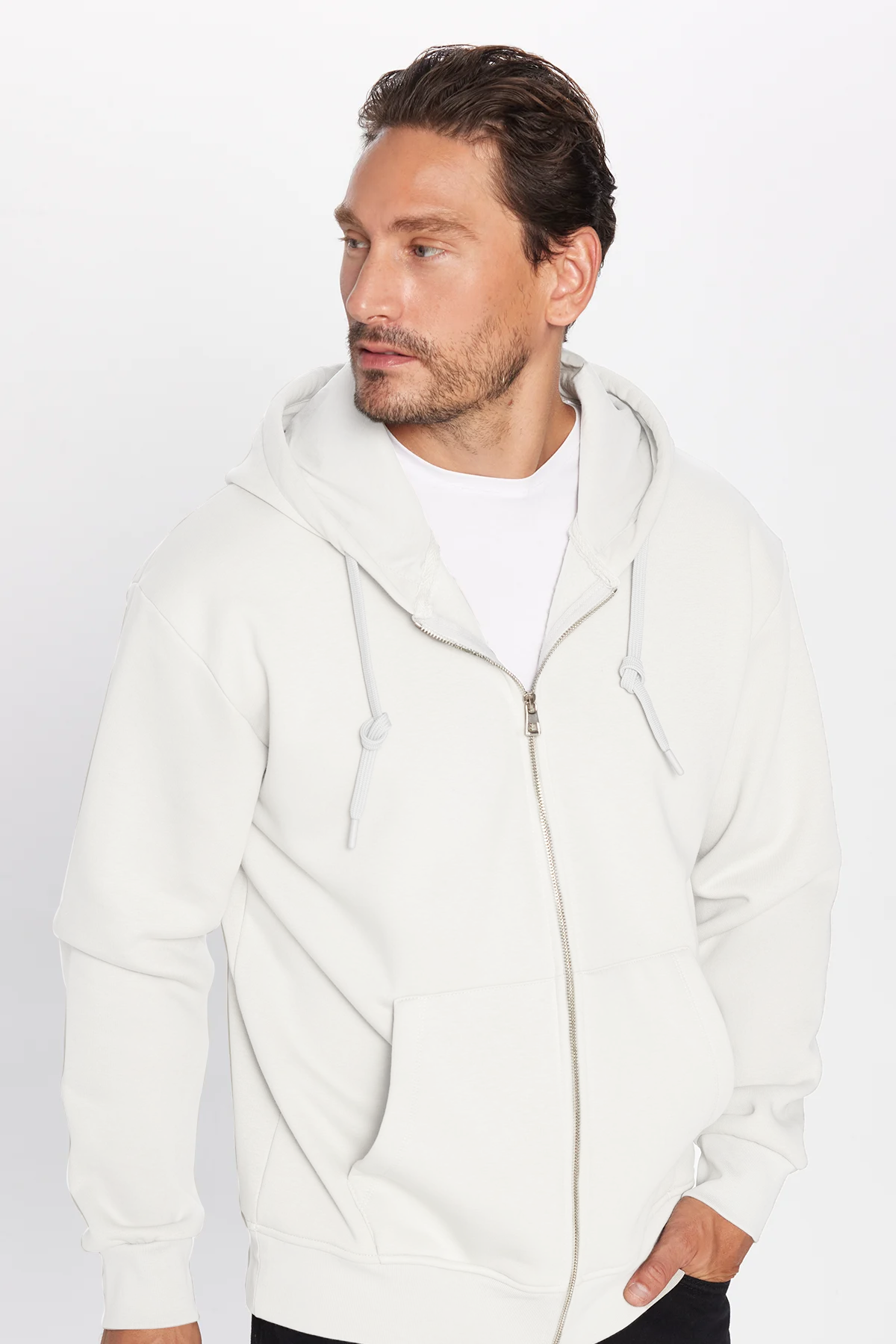 TUDORS Unisex Relax Fit Rahat Kesim Pamuklu İçi Polarlı Çift Cepli Beyaz Kapüşonlu Fermuarlı Sweatshirt