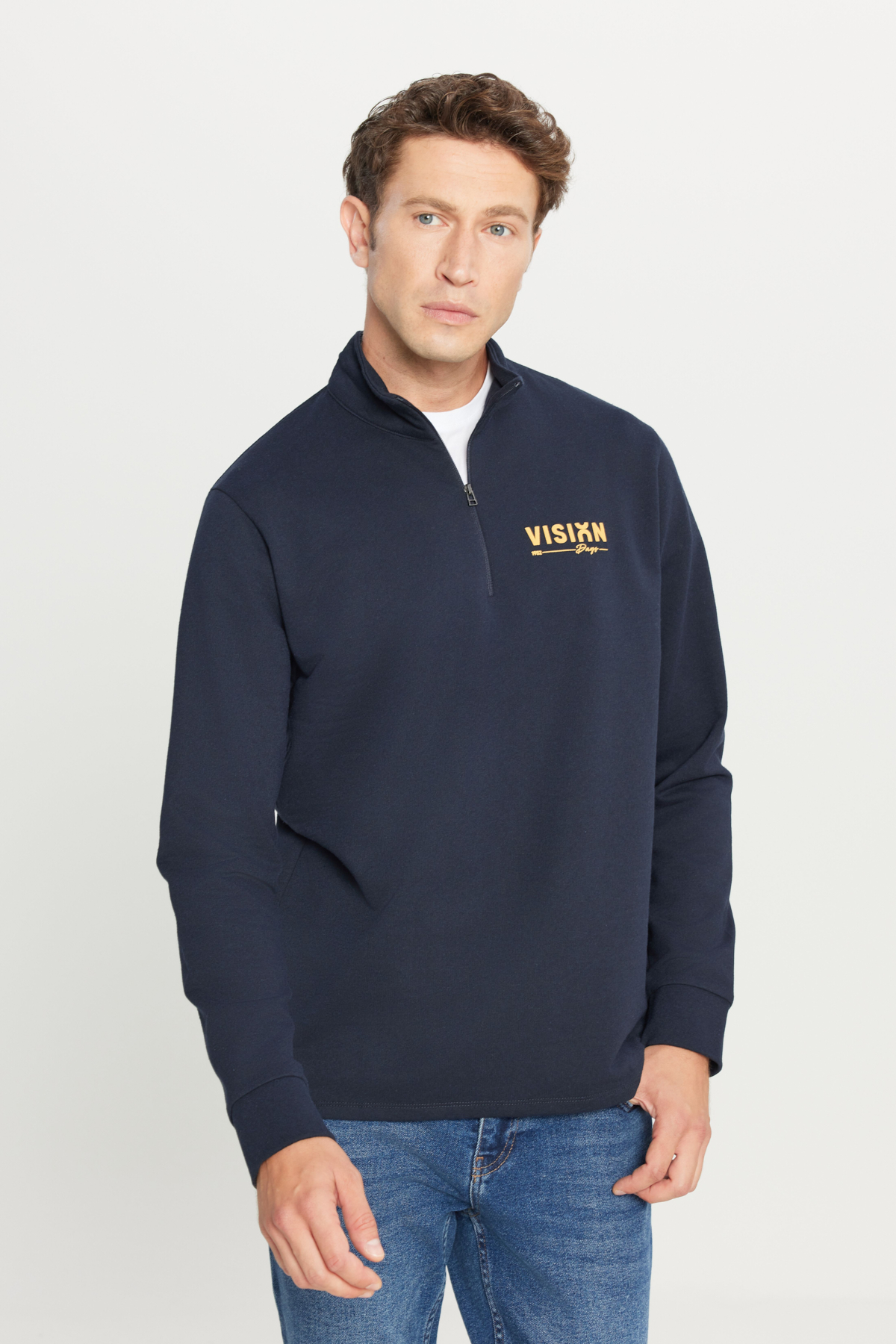 AC&Co / Altınyıldız Classics Erkek Lacivert 2 İplik Pamuklu Standart Fit Normal Kesim Bato Yaka Sweatshirt