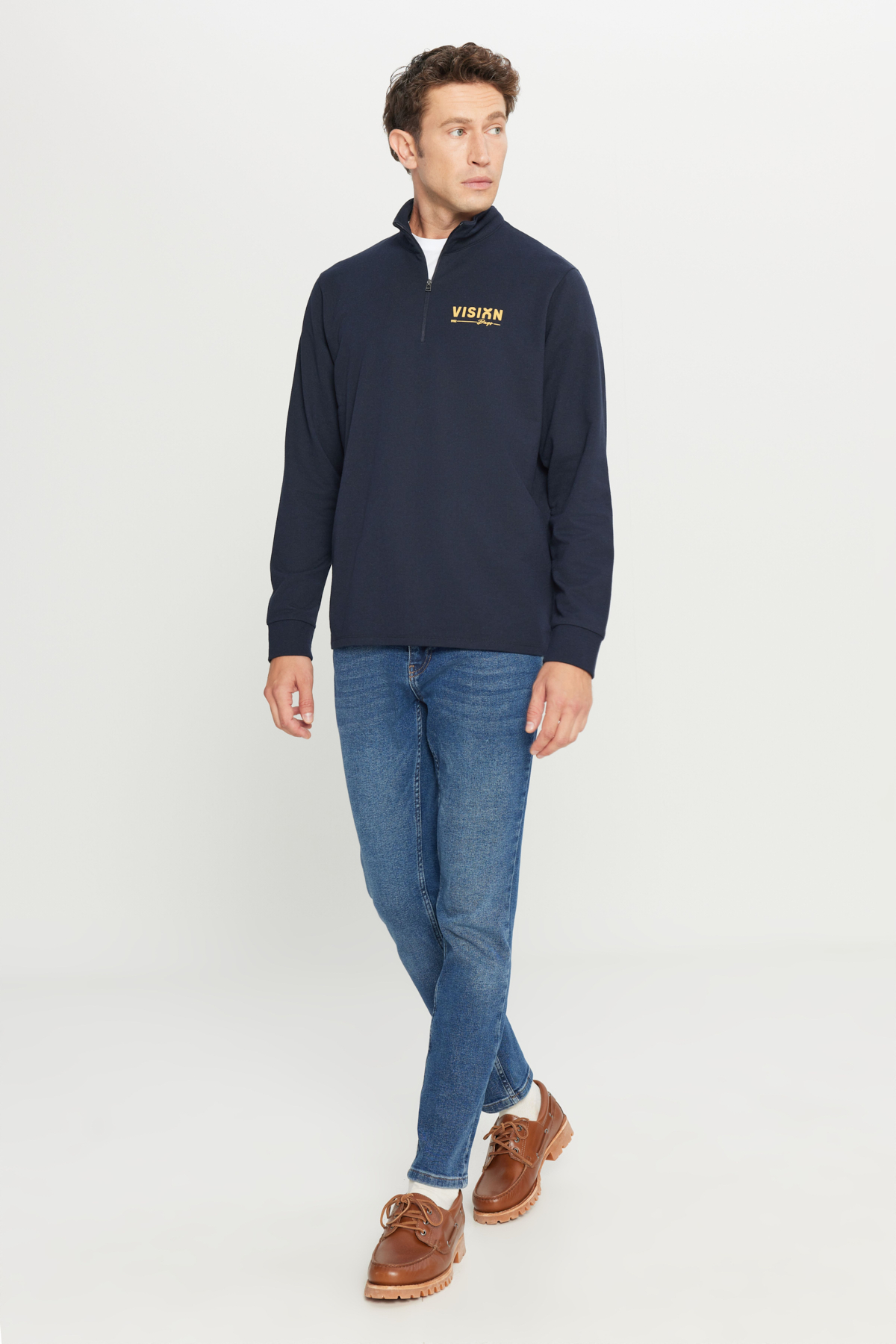 AC&Co / Altınyıldız Classics Erkek Lacivert 2 İplik Pamuklu Standart Fit Normal Kesim Bato Yaka Sweatshirt görsel 2