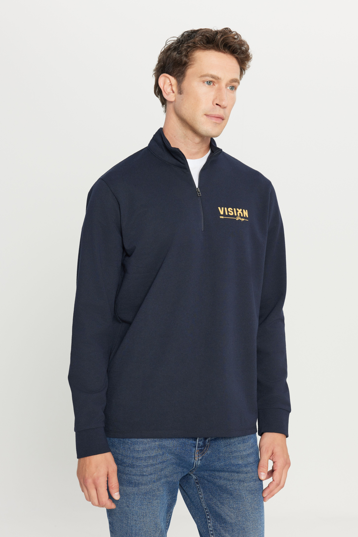 AC&Co / Altınyıldız Classics Erkek Lacivert 2 İplik Pamuklu Standart Fit Normal Kesim Bato Yaka Sweatshirt görsel 3