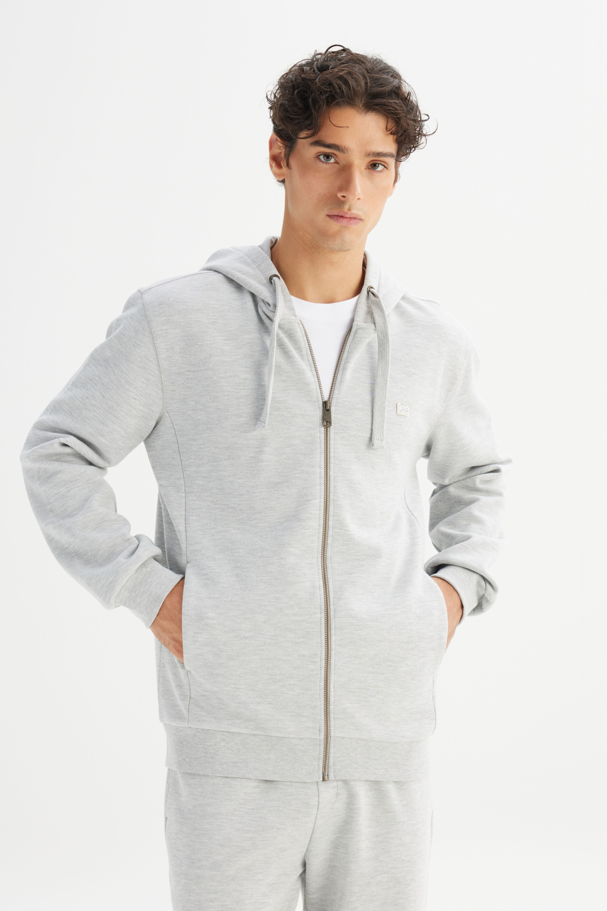 Lee Regular Fit Normal Kesşim Kapüşonlu Fermuarlı Gri Melanj Sweatshirt Ceket görsel 3