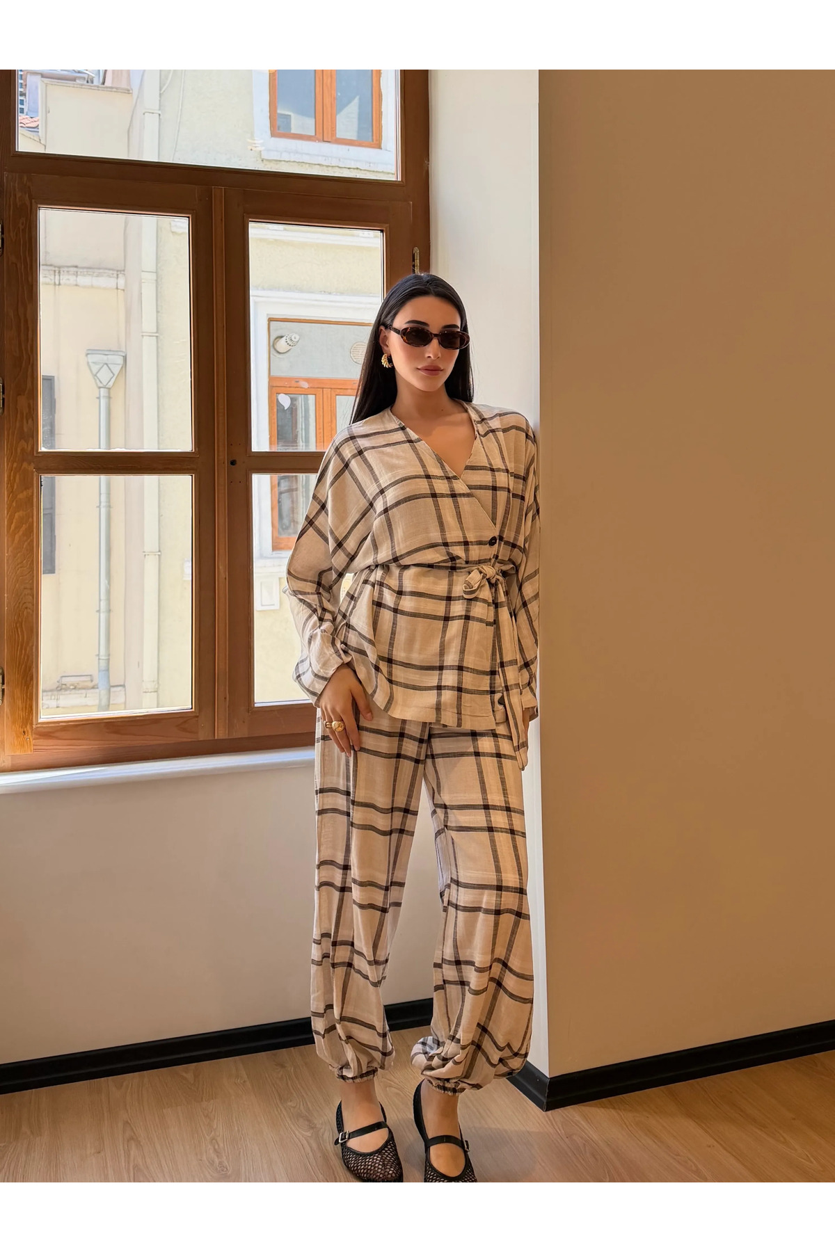 Laluvia Ekose Kimono Şalvar Takım - 0993 görsel 3