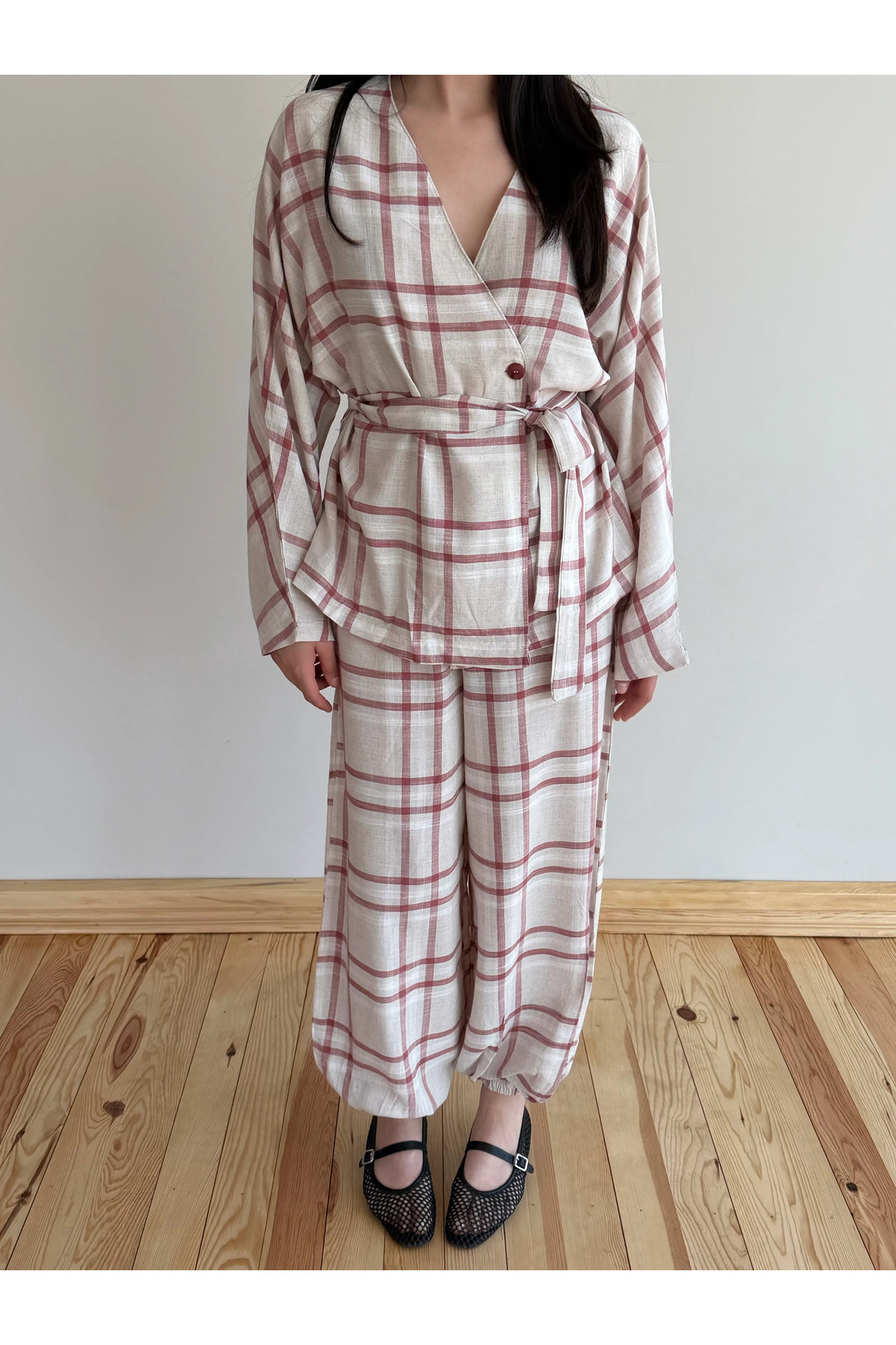 Laluvia Ekose Kimono Şalvar Takım - 0993 görsel 2