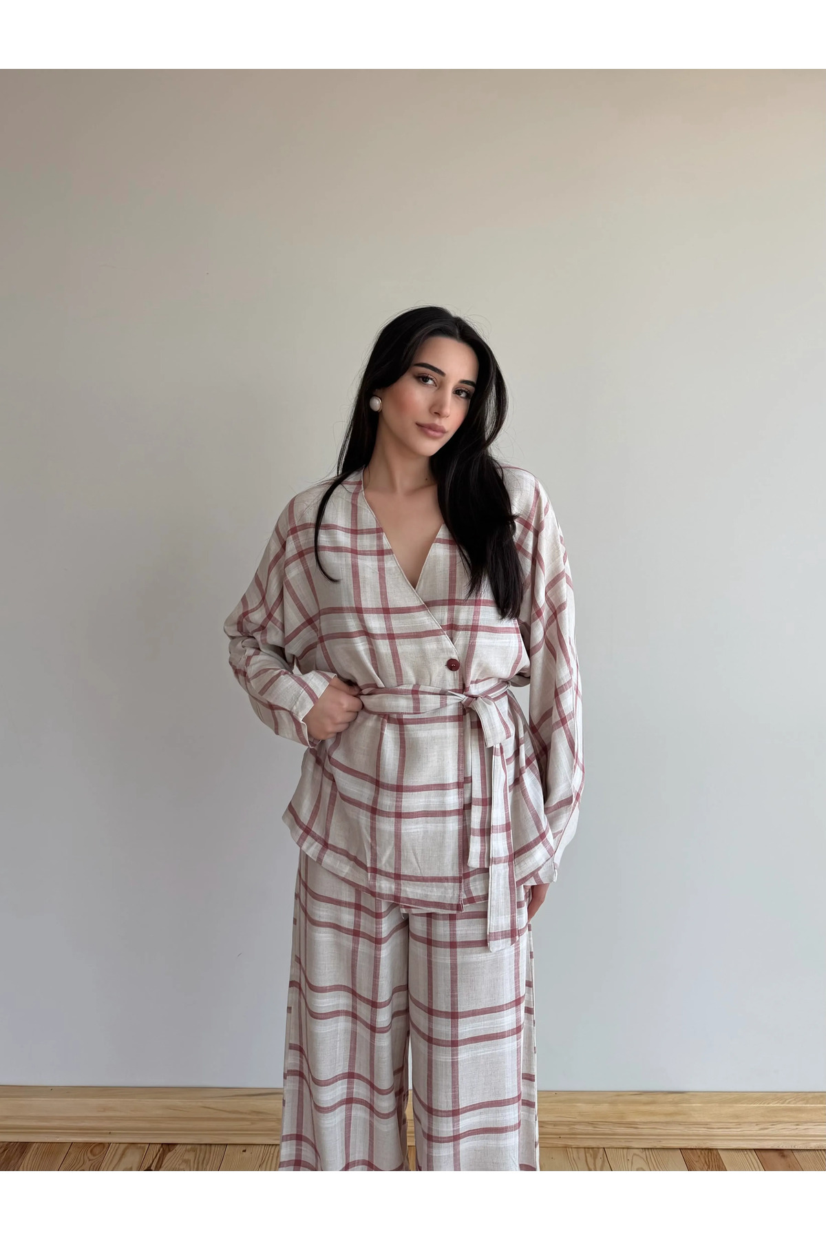 Laluvia Ekose Kimono Şalvar Takım - 0993 görsel 3