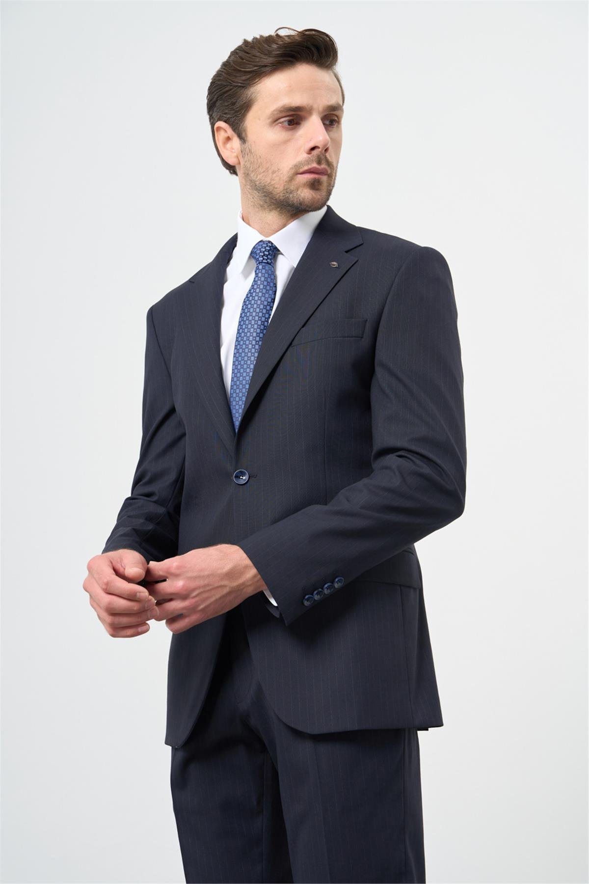 İMZA Lacivert Çizgili Mono Yaka Astarlı 6 Drop Slim Fit Dar Kesim Takım Elbise 1001245102