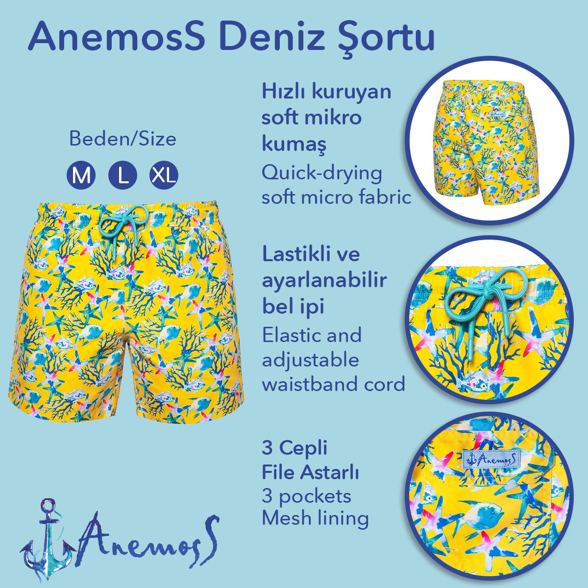 Anemoss Akvaryum Üç Cepli İçi Fileli Bel Lastik ve Bağlama İpli Erkek Deniz Şortu görsel 5