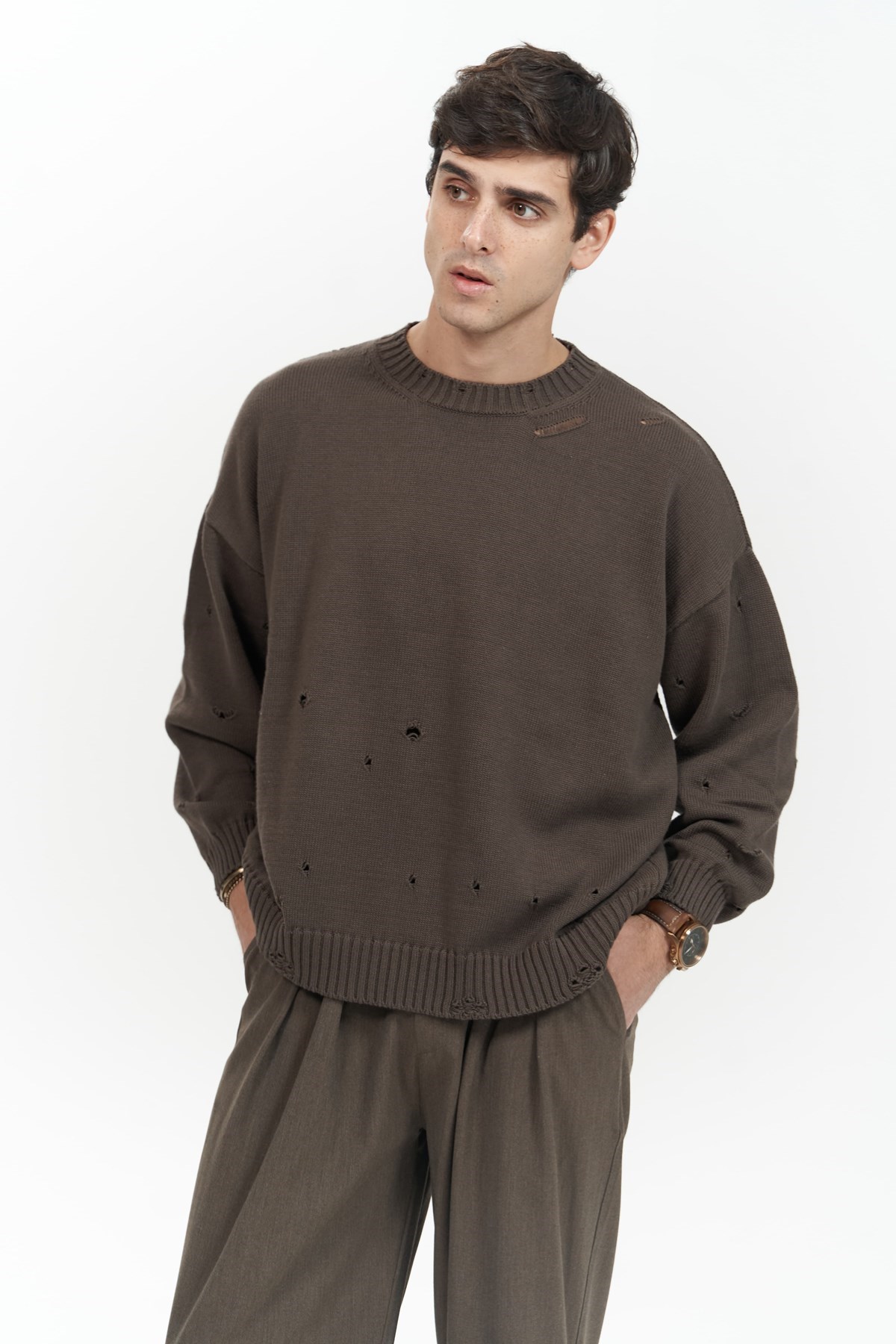 Mai Collection Alec Fitilli Yırtık Detay Kahve Erkek Triko Kazak