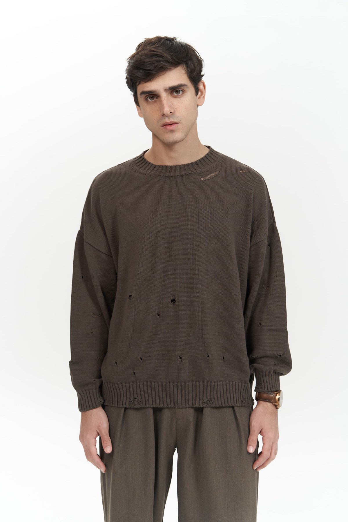 Mai Collection Alec Fitilli Yırtık Detay Kahve Erkek Triko Kazak görsel 2