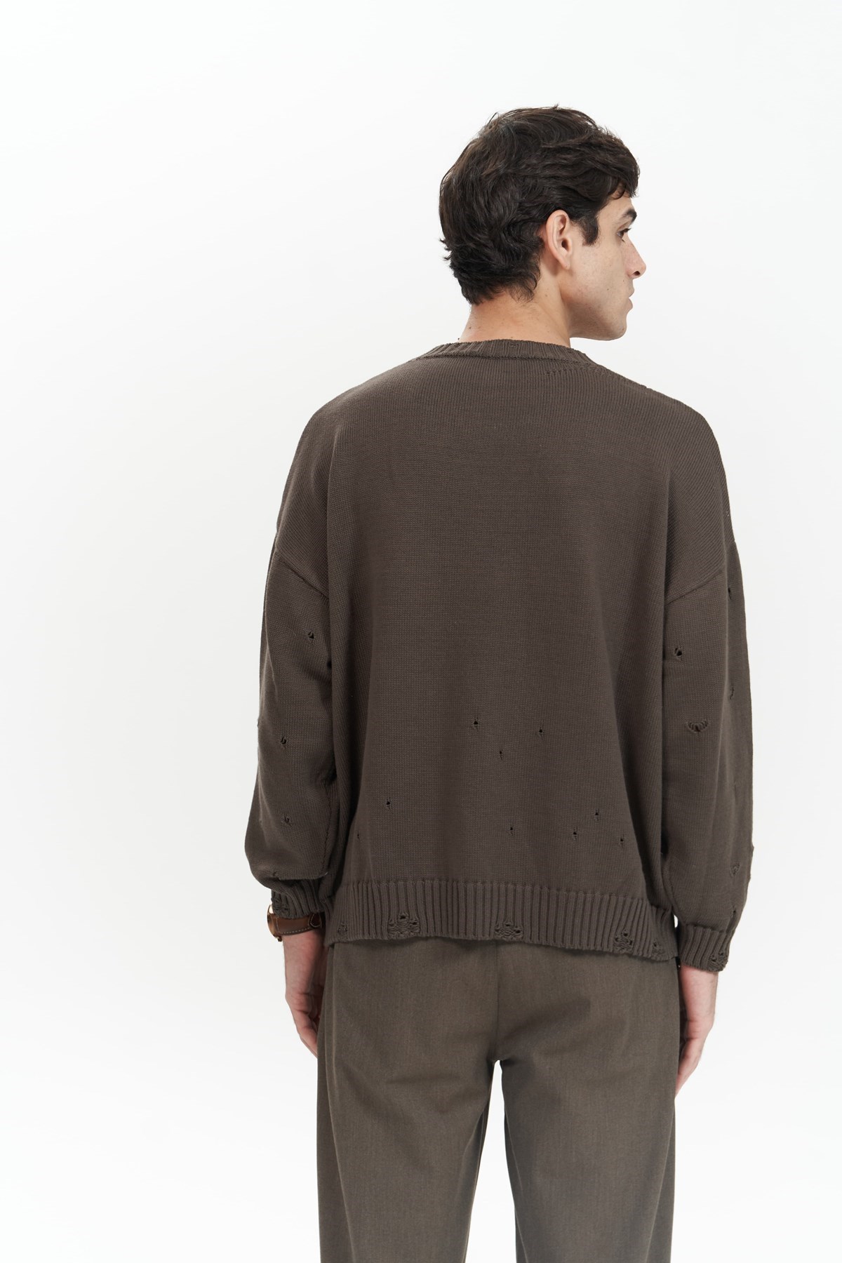Mai Collection Alec Fitilli Yırtık Detay Kahve Erkek Triko Kazak görsel 4
