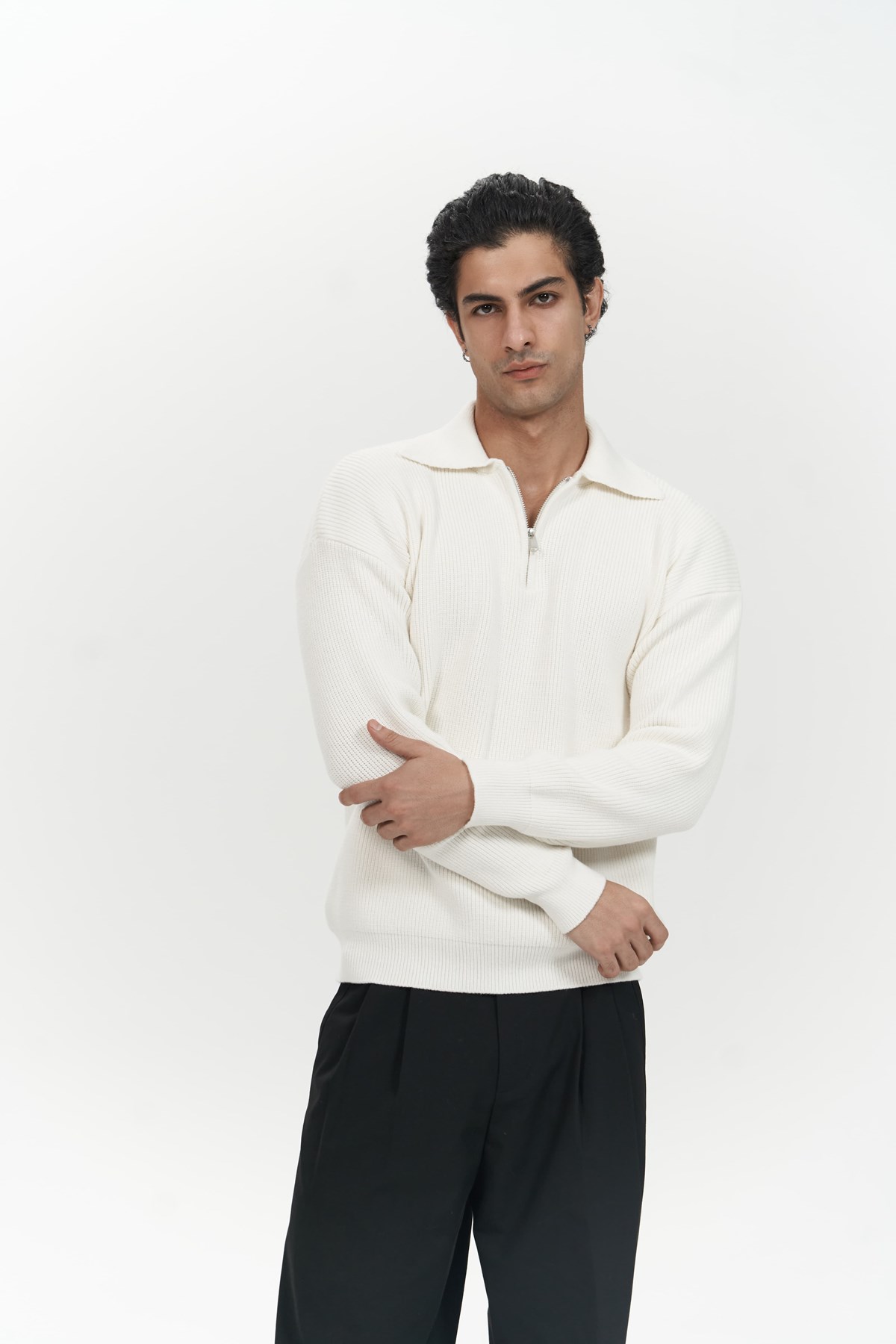 Mai Collection Oberon Polo Yaka Yarım Fermuarlı Ekru Erkek Triko Kazak