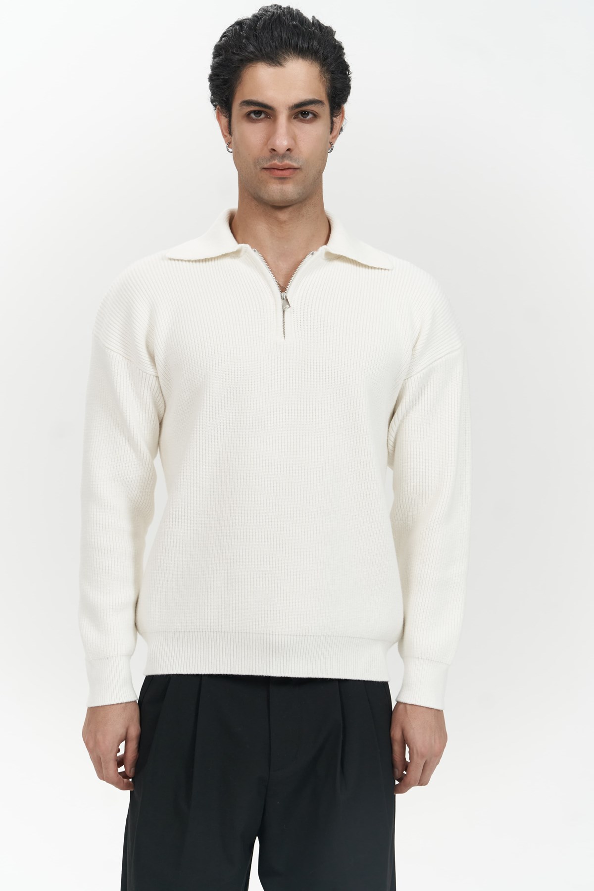 Mai Collection Oberon Polo Yaka Yarım Fermuarlı Ekru Erkek Triko Kazak görsel 2