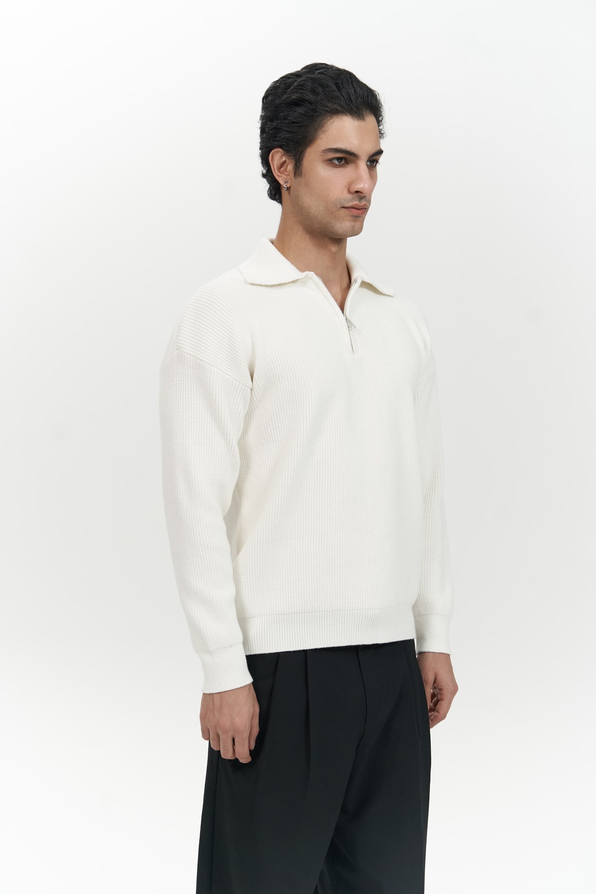 Mai Collection Oberon Polo Yaka Yarım Fermuarlı Ekru Erkek Triko Kazak görsel 3