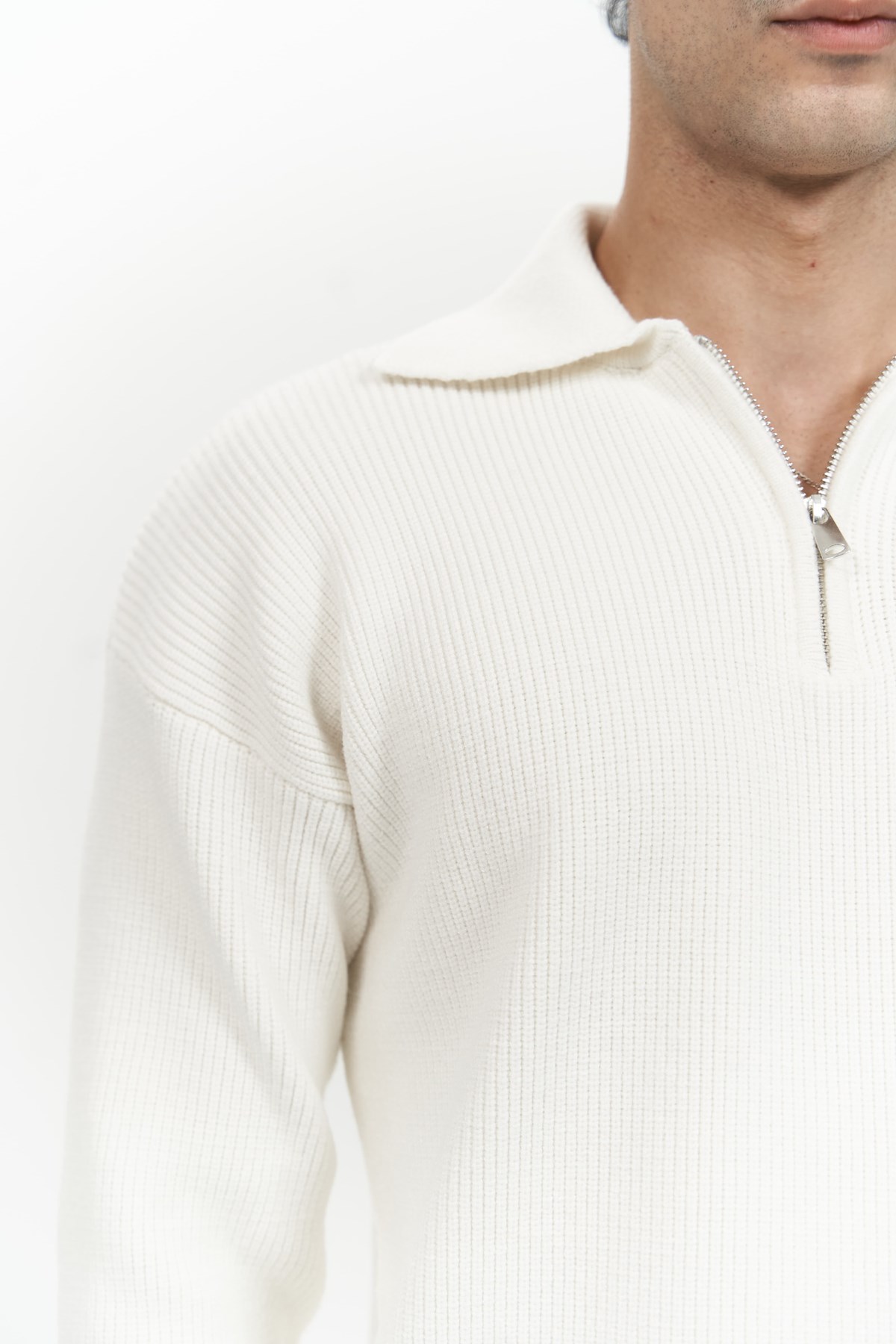 Mai Collection Oberon Polo Yaka Yarım Fermuarlı Ekru Erkek Triko Kazak görsel 5