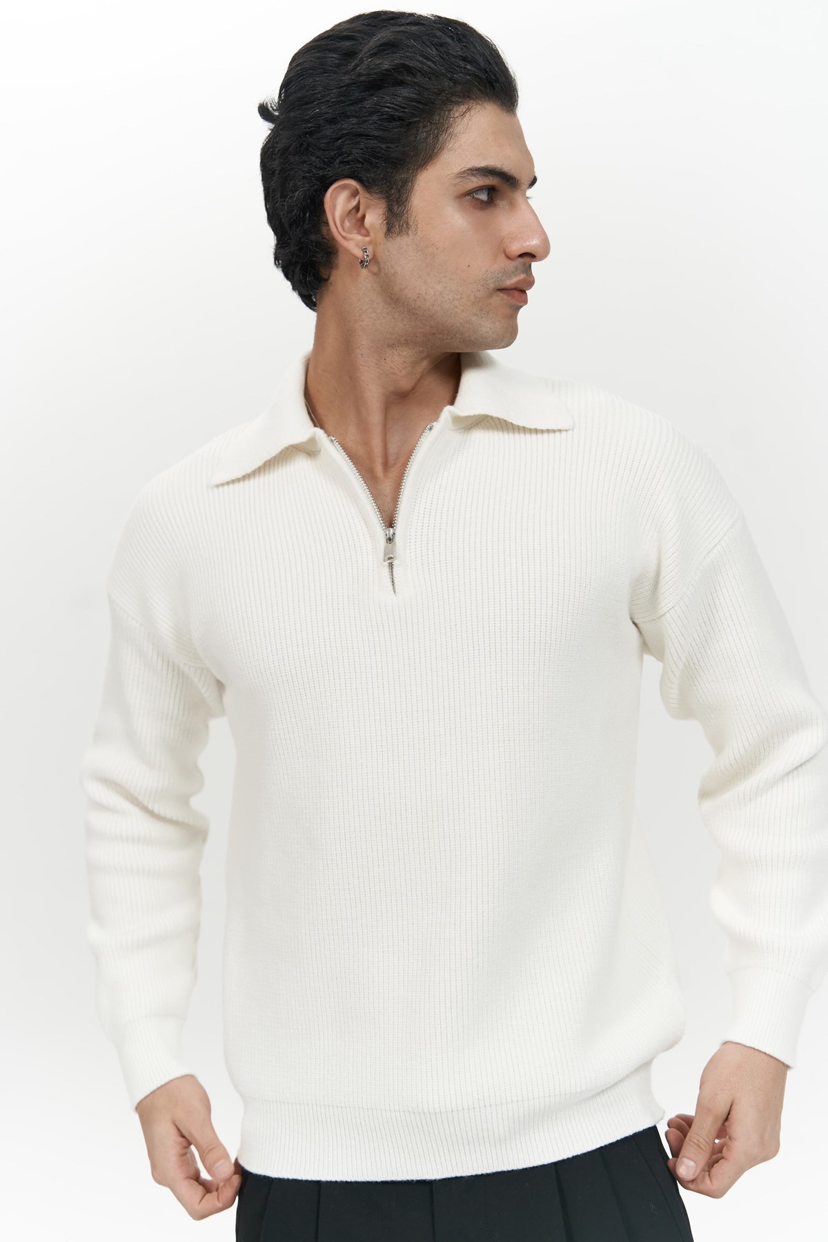 Mai Collection Oberon Polo Yaka Yarım Fermuarlı Ekru Erkek Triko Kazak görsel 7