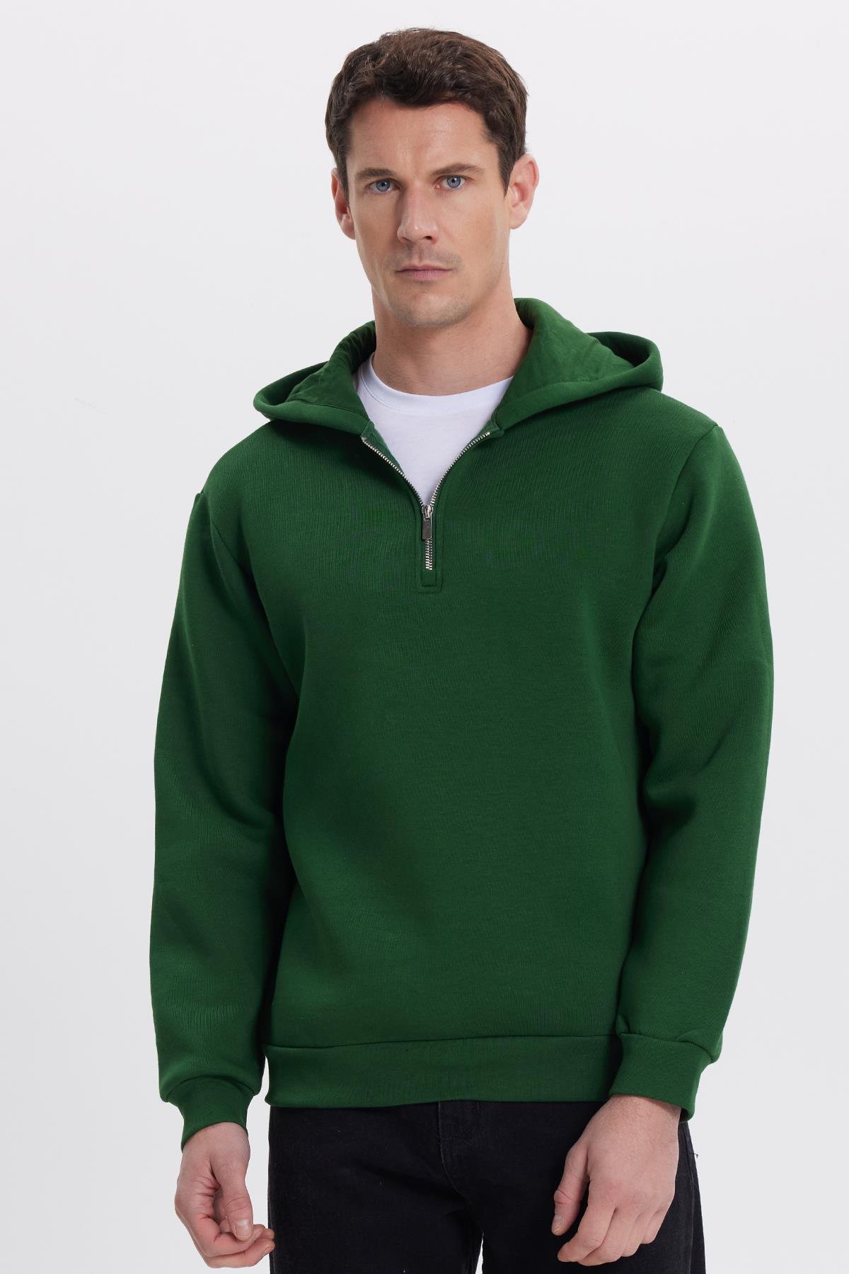 TUDORS Unisex Relax Fit Rahat Kesim Pamuklu İçi Polarlı Yarım Fermuarlı Yeşil Kapüşonlu Sweatshirt