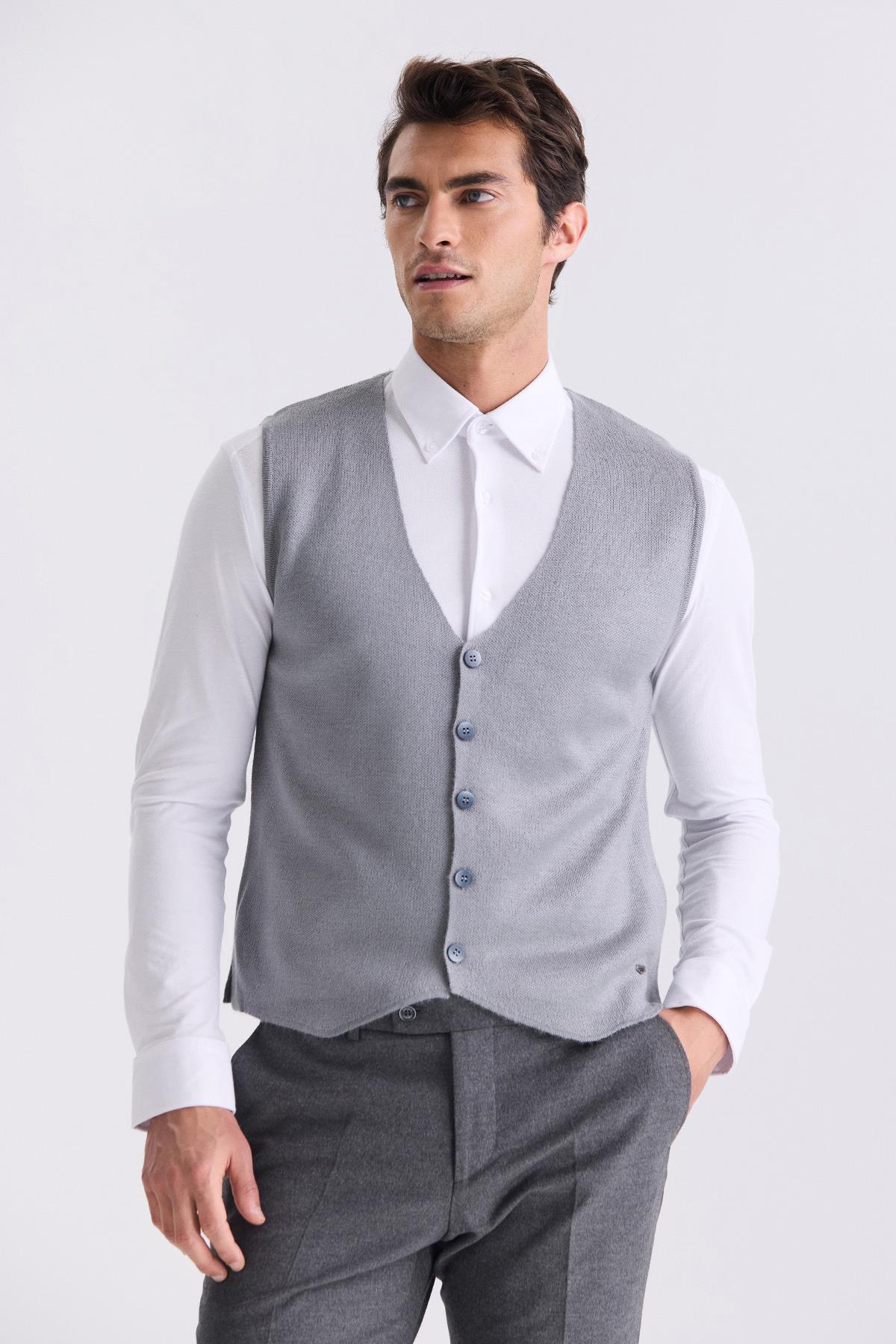 JAKAMEN Gri Slim Fit Düğmeli Triko Yelek