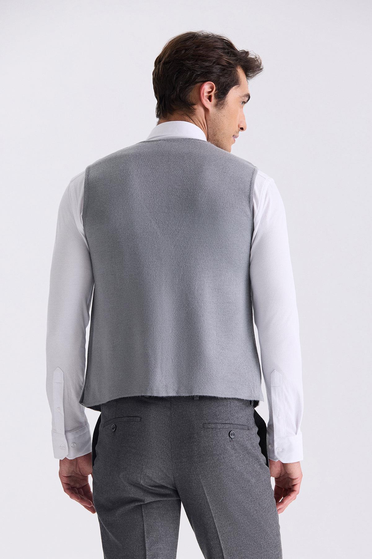 JAKAMEN Gri Slim Fit Düğmeli Triko Yelek görsel 4