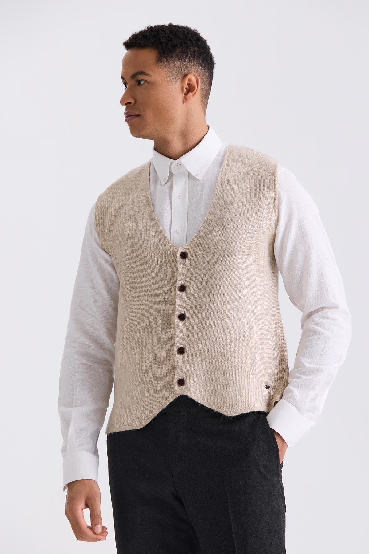JAKAMEN Bej Slim Fit Düğmeli Triko Yelek