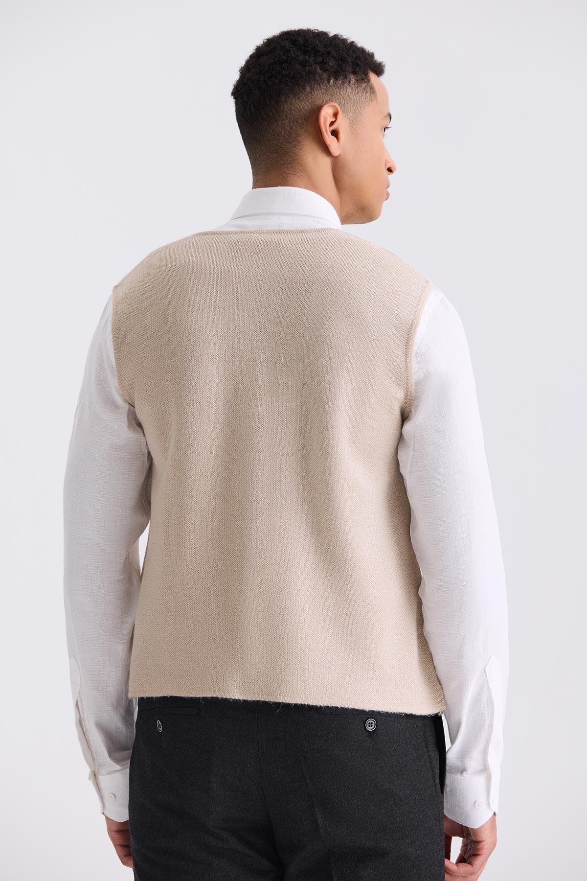 JAKAMEN Bej Slim Fit Düğmeli Triko Yelek görsel 4