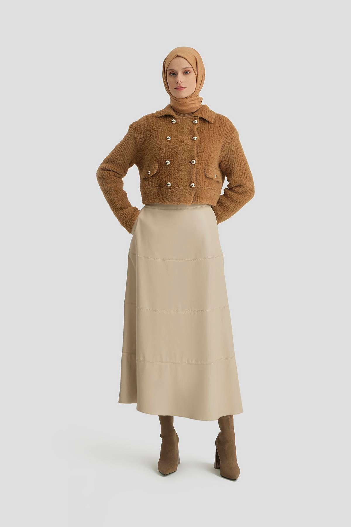 ARMİNE Tüylü Triko Ceket 24K5718 Camel