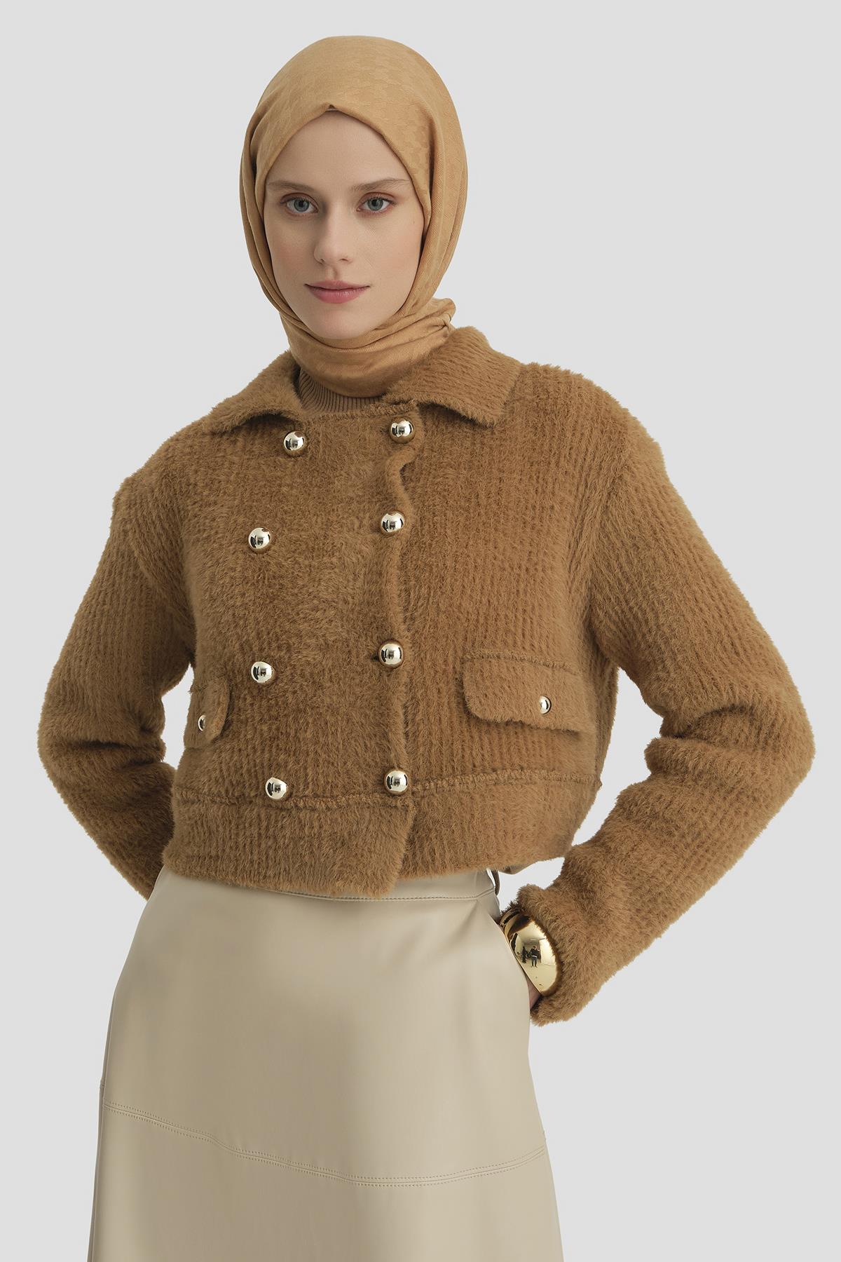 ARMİNE Tüylü Triko Ceket 24K5718 Camel görsel 2