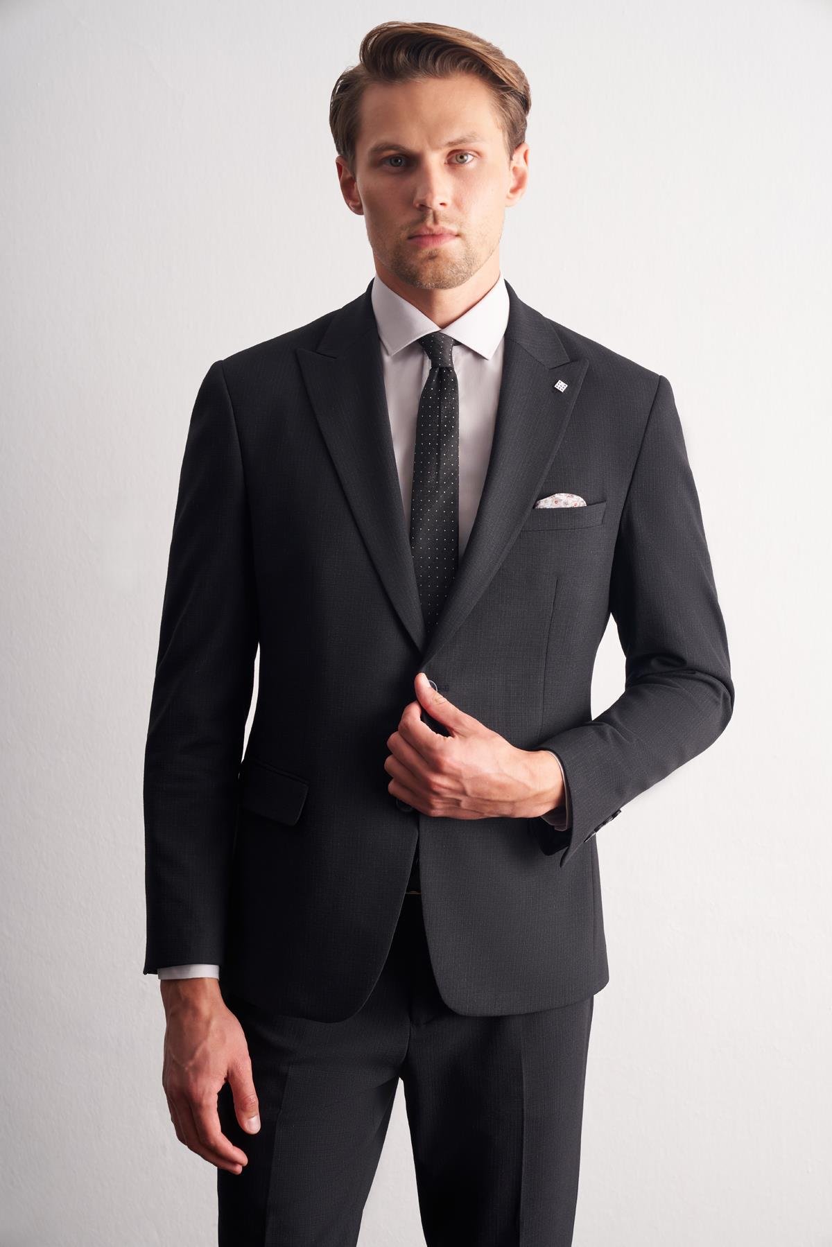 İMZA Lacivert Kırlangıç Yaka Çizgili Desen Esnek 6 Drop Slim Fit Classic Takım Elbise 1001255164