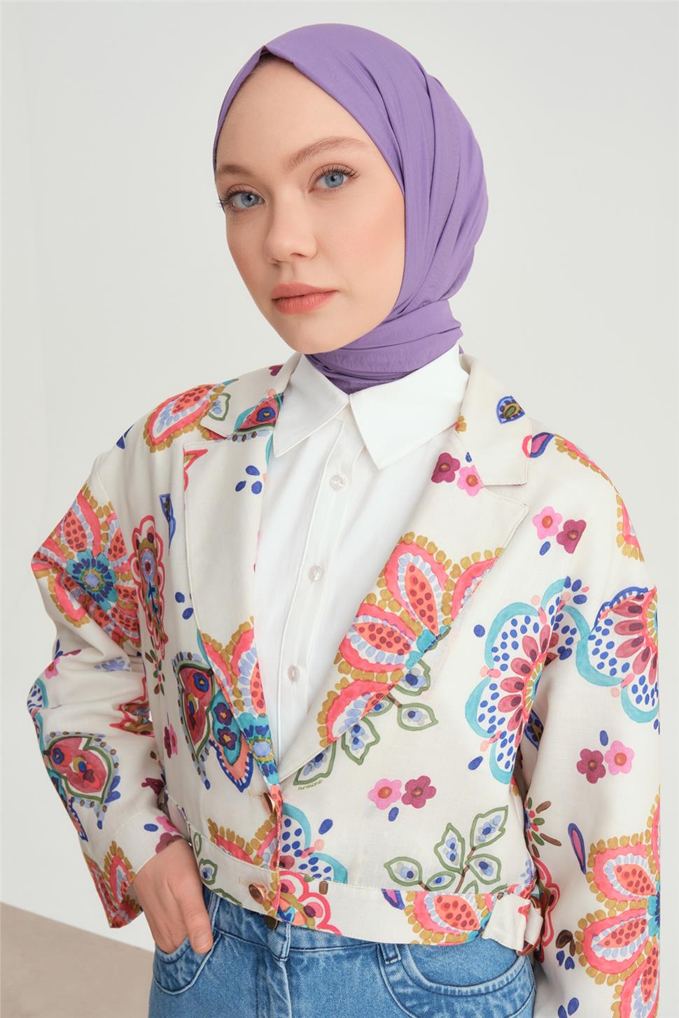 ARMİNE Beli Tokalı Desenli Ceket 24Y5407 Pembe görsel 4