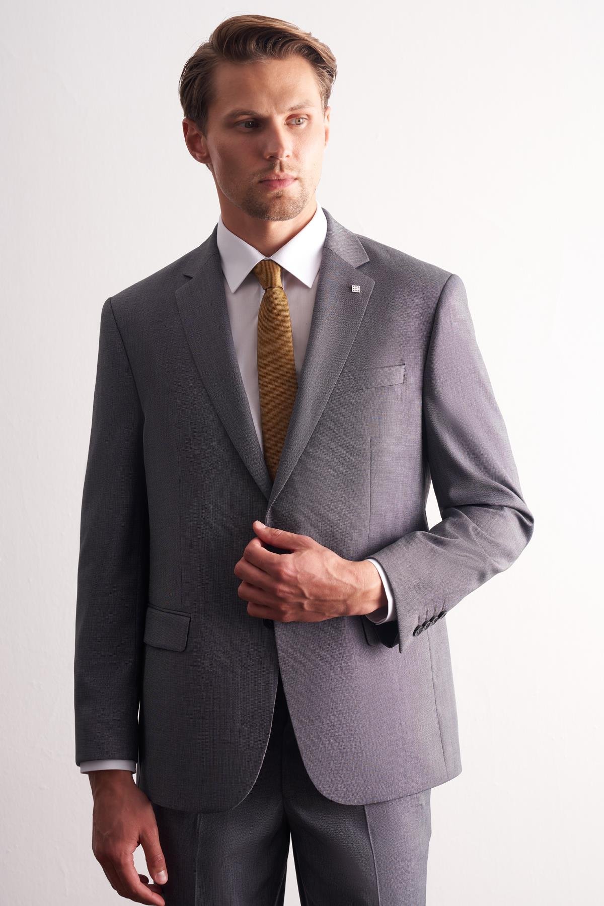 İMZA Sütlü Kahverengi Mono Yaka Kendinden Desenli Esnek Bel 4 Drop Comfort Fit Takım Elbise 1001255169 görsel 3