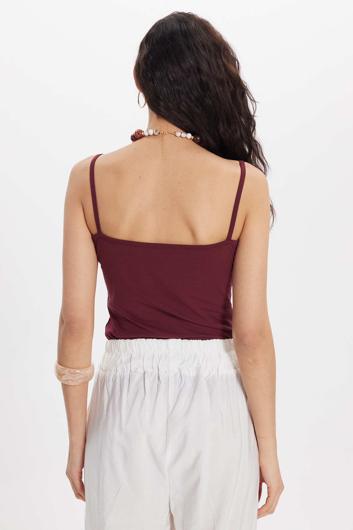 TUDORS Kadın Slim Fit Dar Kesim Kolsuz V Yaka Dantel Detaylı Pamuklu Elastanlı Bordo Crop görsel 7
