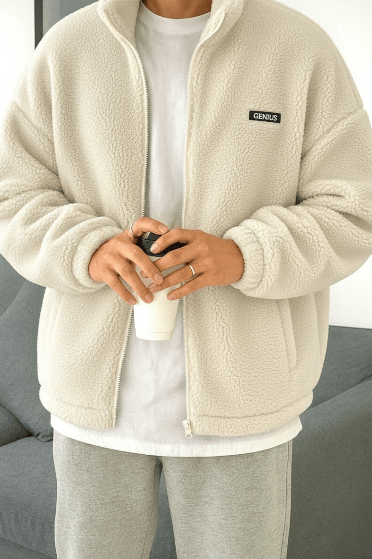 Genius Store Oversize Tam Pelüş İçi Polarlı Sherpa Kumaş Erkek Fermuarlı Sweatshirt Hırka