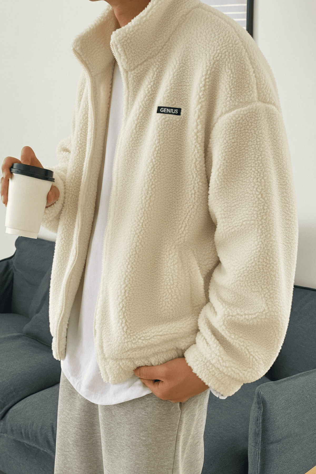 Genius Store Oversize Tam Pelüş İçi Polarlı Sherpa Kumaş Erkek Fermuarlı Sweatshirt Hırka görsel 2
