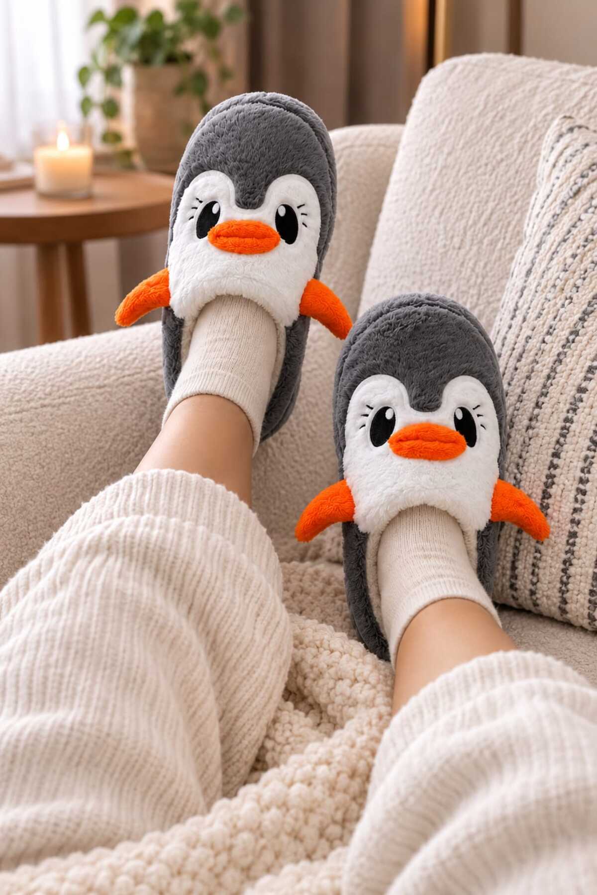 Slipcat Kadın Pelüş Penguen Figürlü Ev Terliği Sıcak Tutan Kışlık Panduf Terlik görsel 5