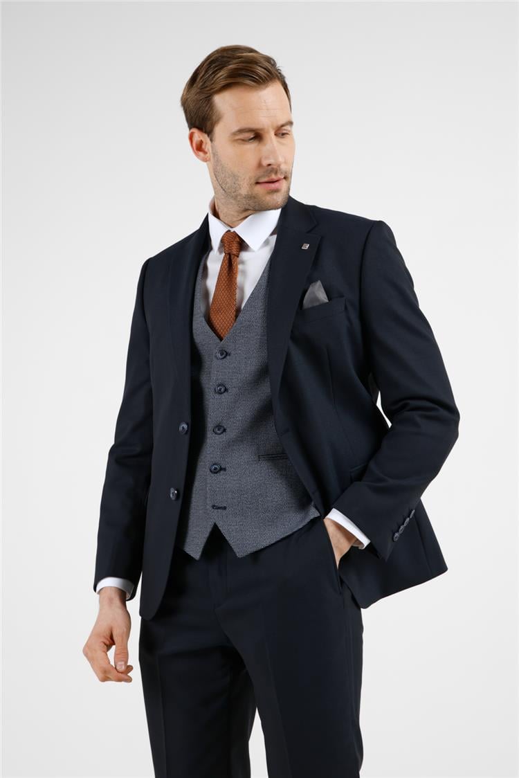 İMZA Lacivert Mono Yaka Kazayağı Desen 6 Drop Slim Fit Takım Elbise 1001255173 görsel 4