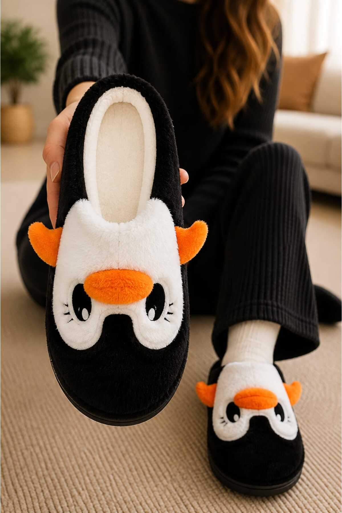 Slipcat Kadın Pelüş Penguen Figürlü Ev Terliği Sıcak Tutan Kışlık Panduf Terlik görsel 2