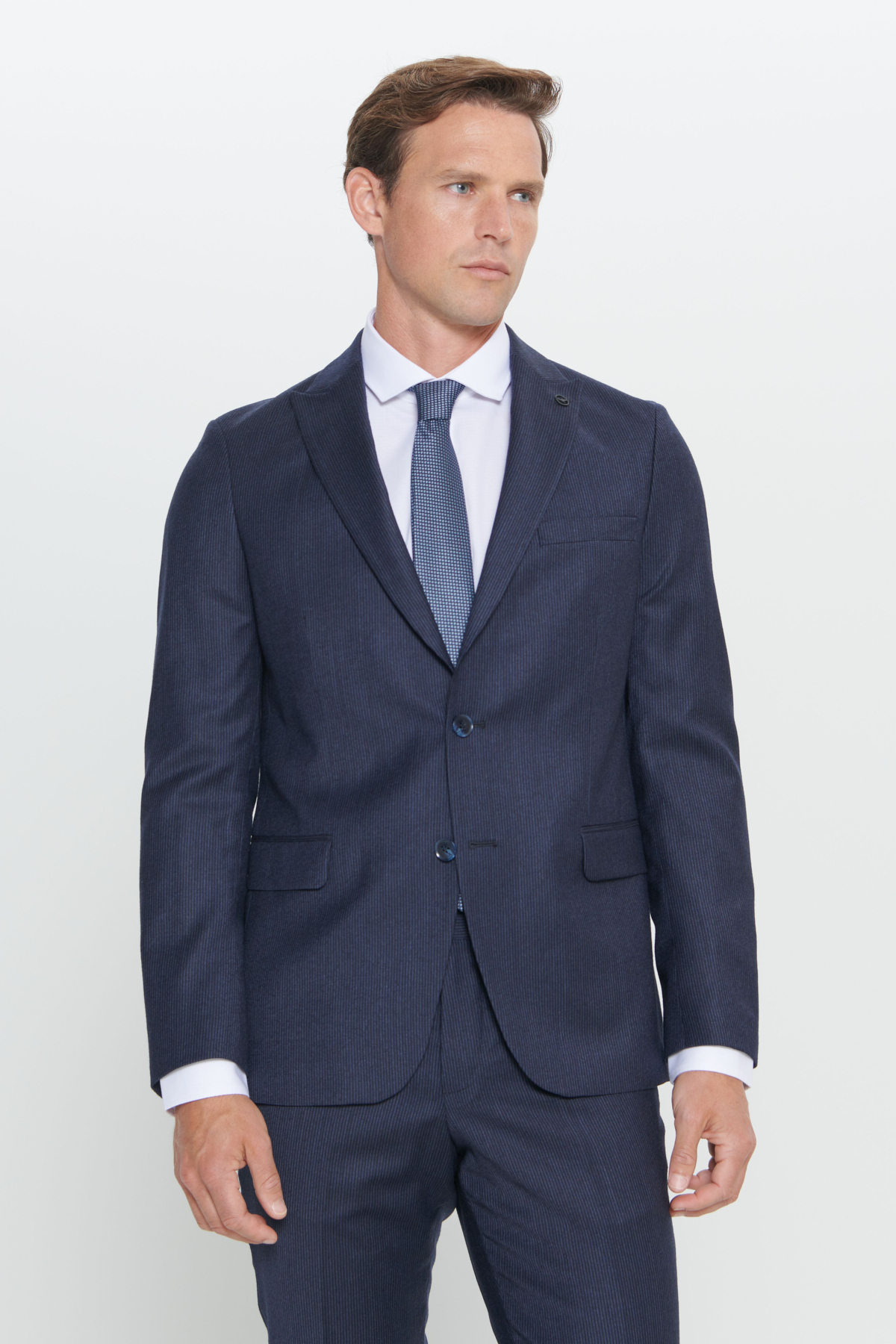 Altınyıldız Classics Erkek Lacivert Slim Fit Dar Kesim Kırlangıç Yaka %100 Yün Çizgili Takım Elbise