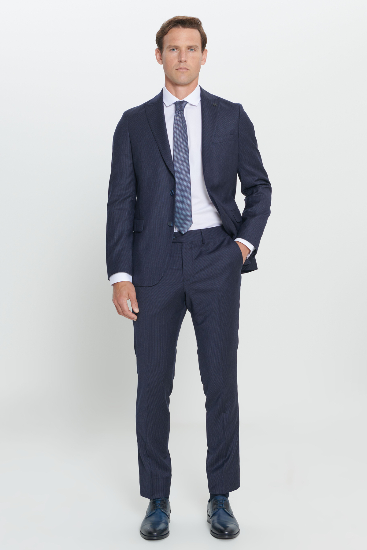 Altınyıldız Classics Erkek Lacivert Slim Fit Dar Kesim Kırlangıç Yaka %100 Yün Çizgili Takım Elbise görsel 3