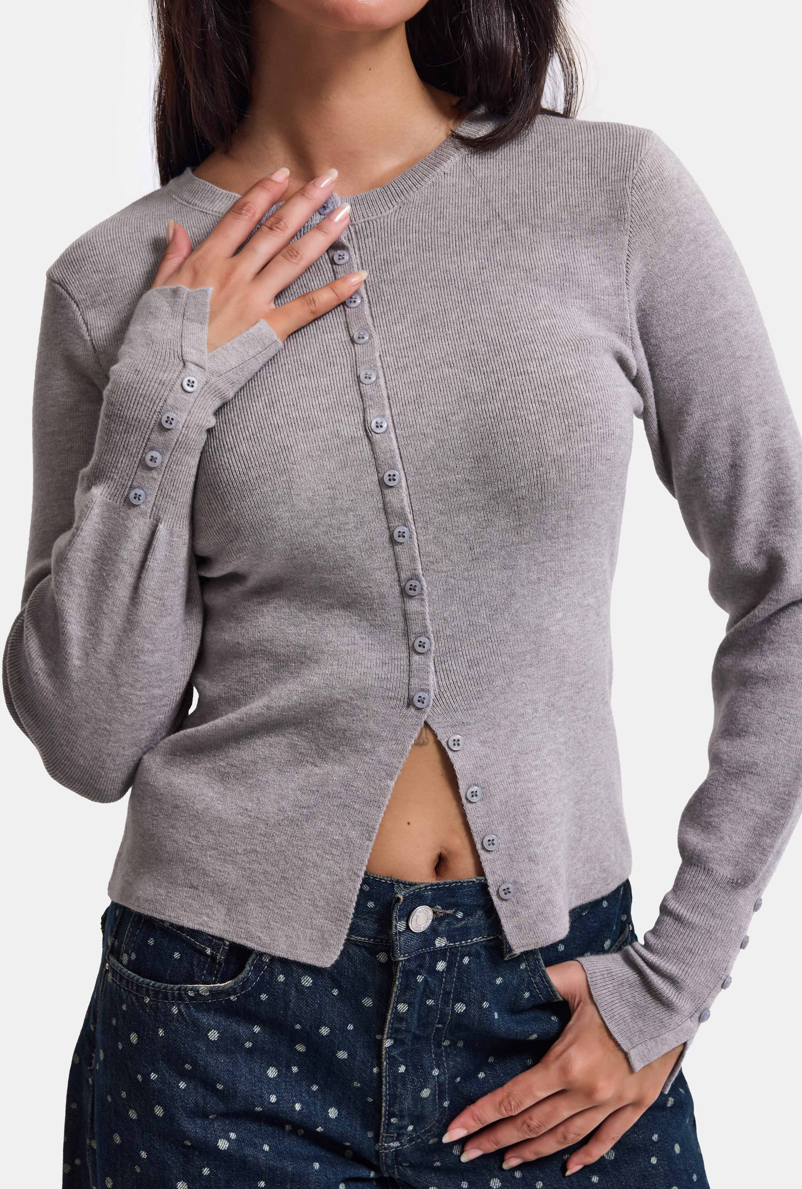 It's Basic Kadın Gri w6-12 Kemer Boy Esnek Kumaş Düğmeli Triko Cardigan görsel 2