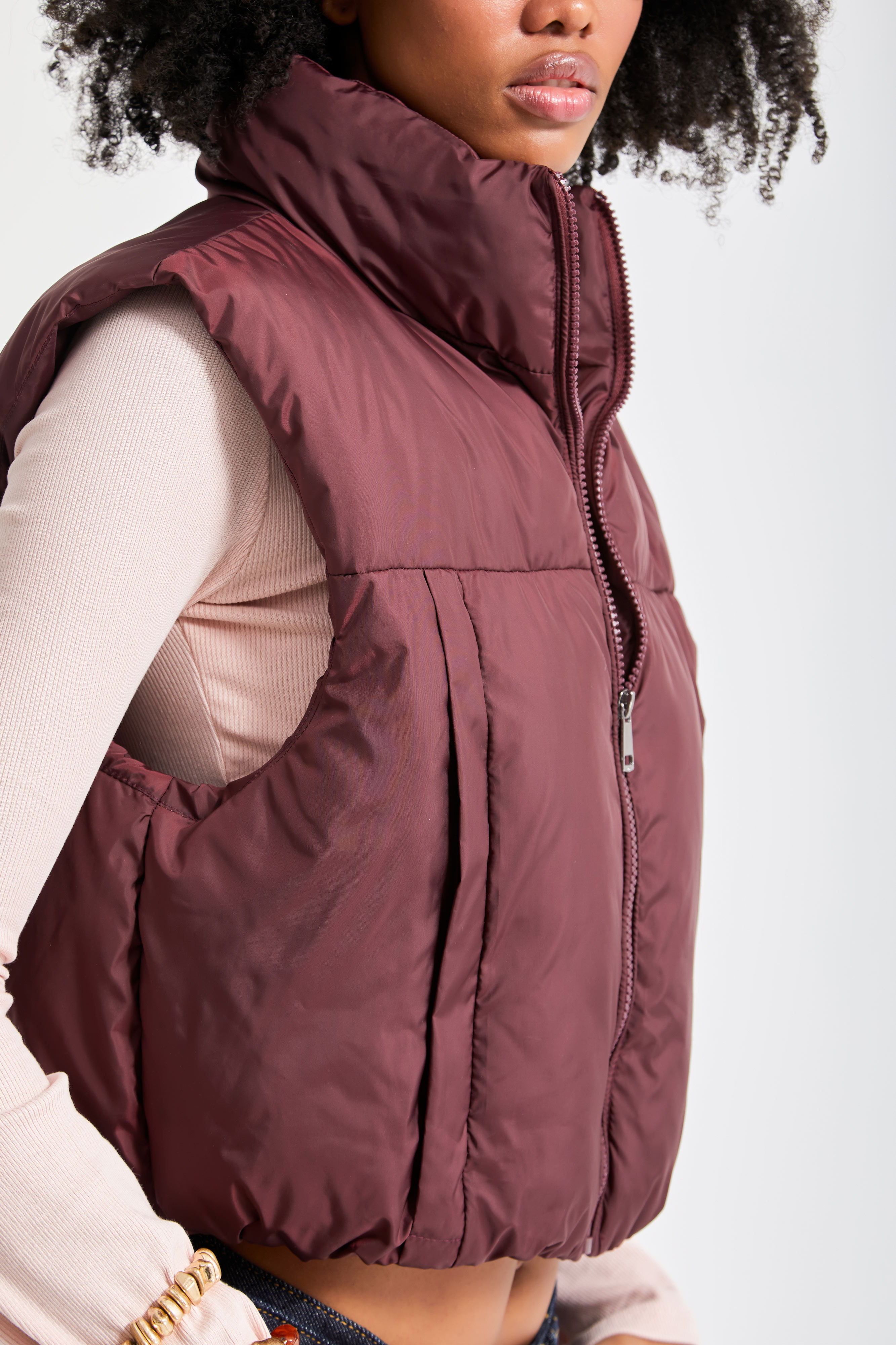 It's Basic Kadın Bordo Renk w5-35 Şişme İçi Dolgulu Sıfır Kol Yandan Cepli Crop Şişme Yelek görsel 2