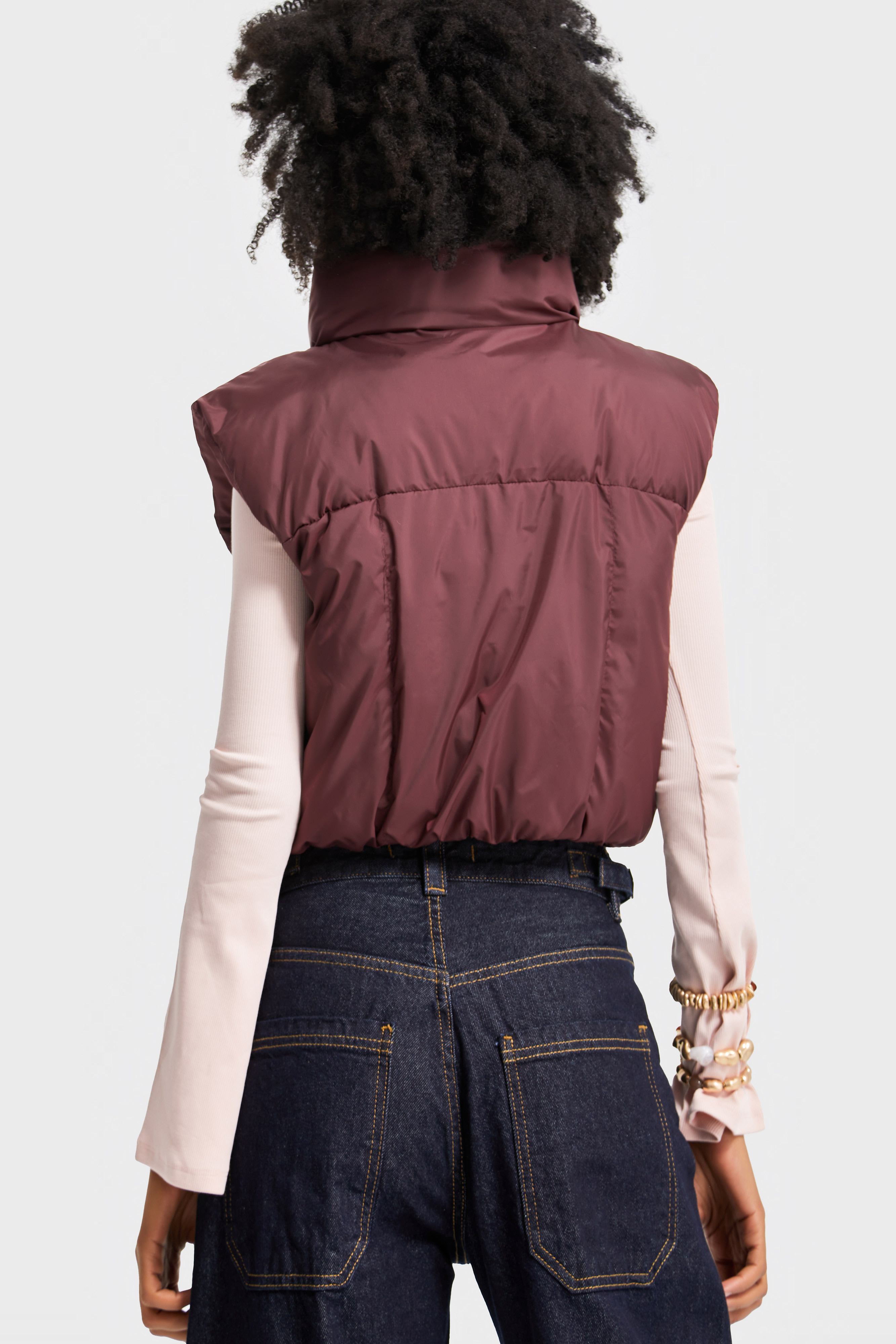 It's Basic Kadın Bordo Renk w5-35 Şişme İçi Dolgulu Sıfır Kol Yandan Cepli Crop Şişme Yelek görsel 4