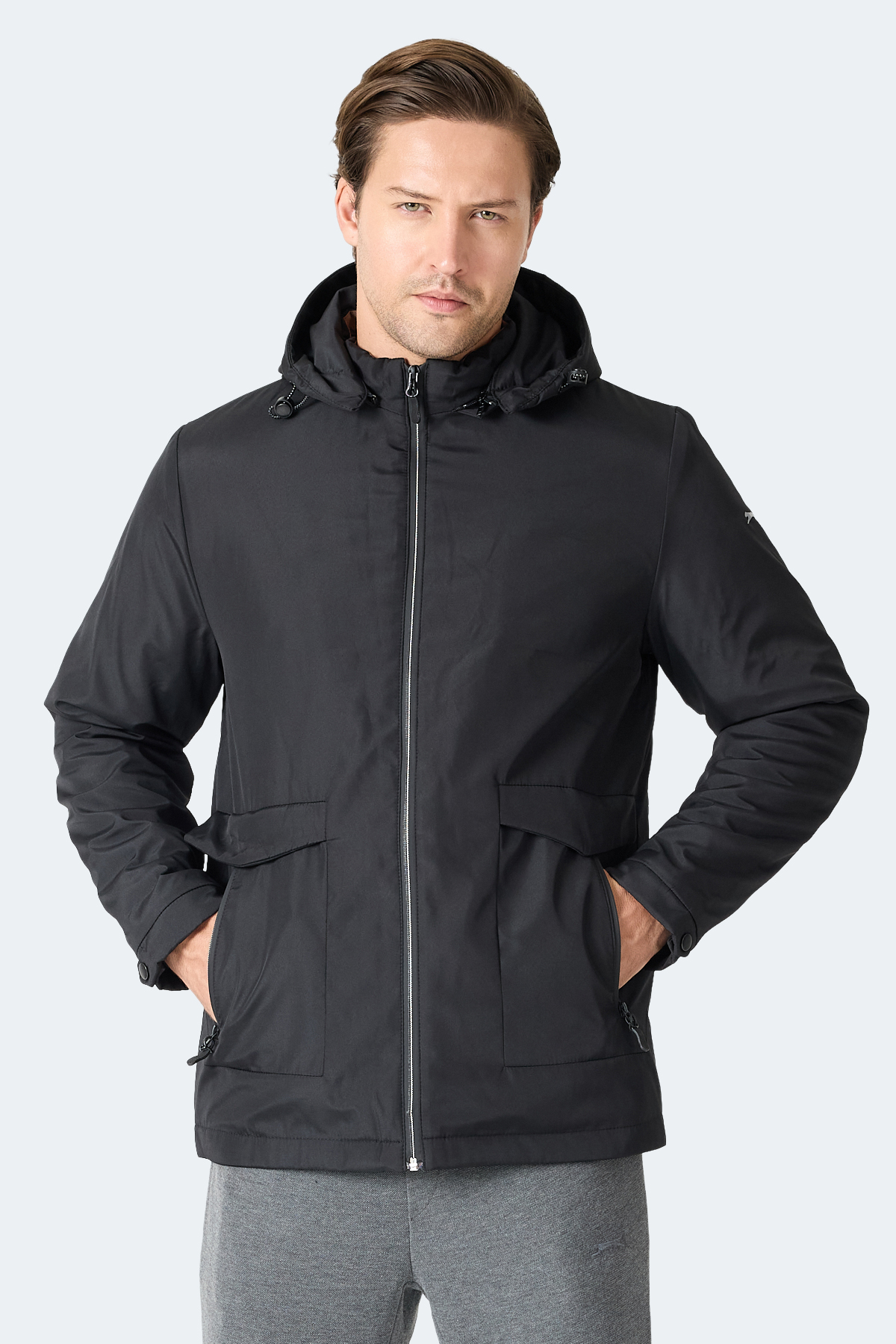 SLAZENGER GRAVEL Erkek Kapüşonlu Siyah Mont & Kaban