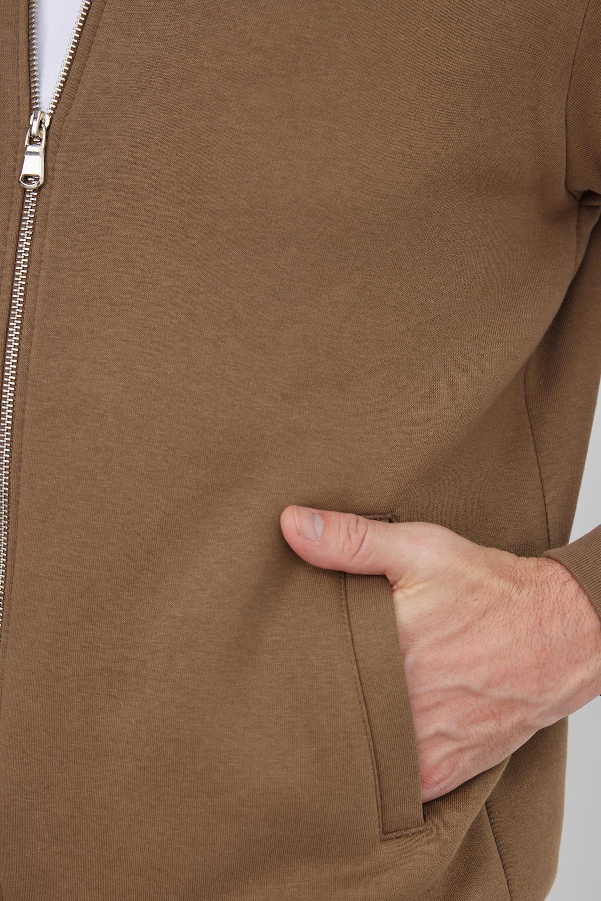 TUDORS Unisex Relax Fit Rahat Kesim Pamuklu 3 İplik İçi Polarlı Fermuarlı Kahverengi Cepli Sweatshirt Hırka görsel 3