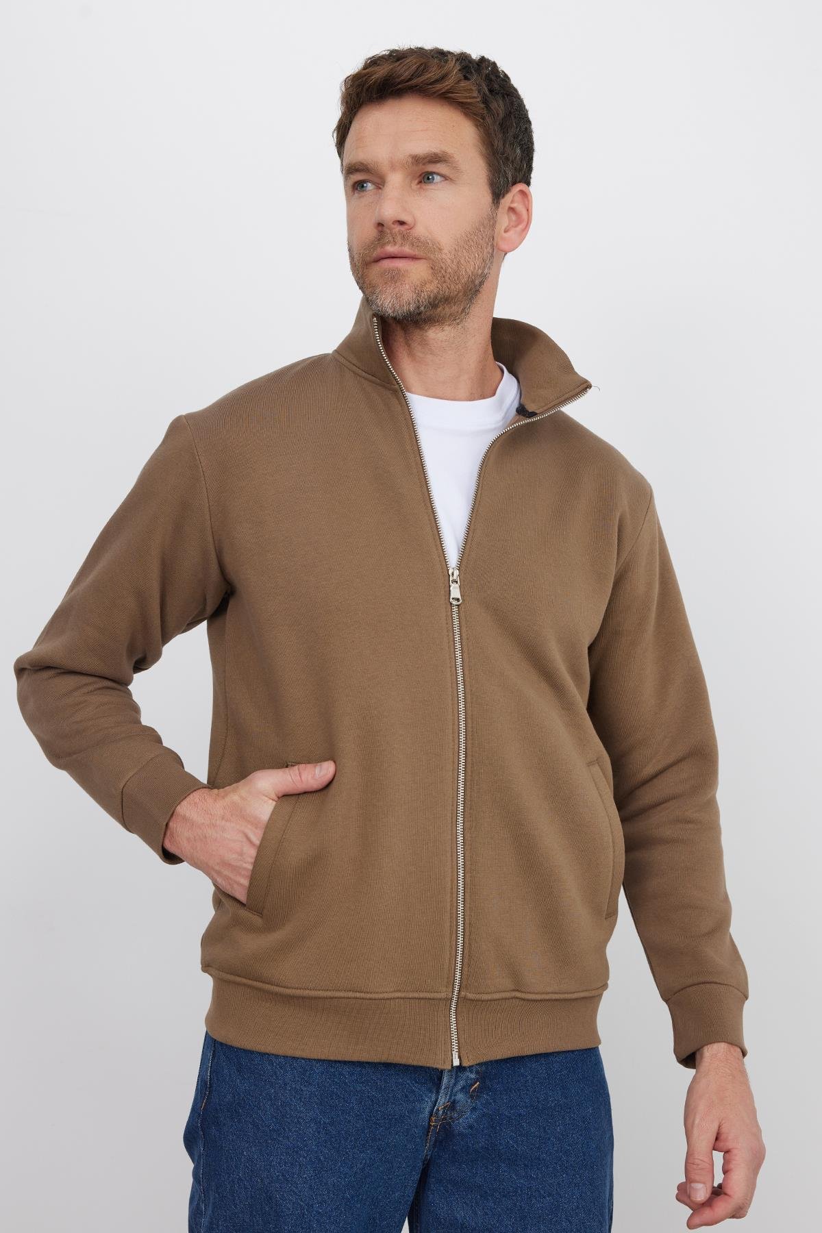 TUDORS Unisex Relax Fit Rahat Kesim Pamuklu 3 İplik İçi Polarlı Fermuarlı Kahverengi Cepli Sweatshirt Hırka görsel 5