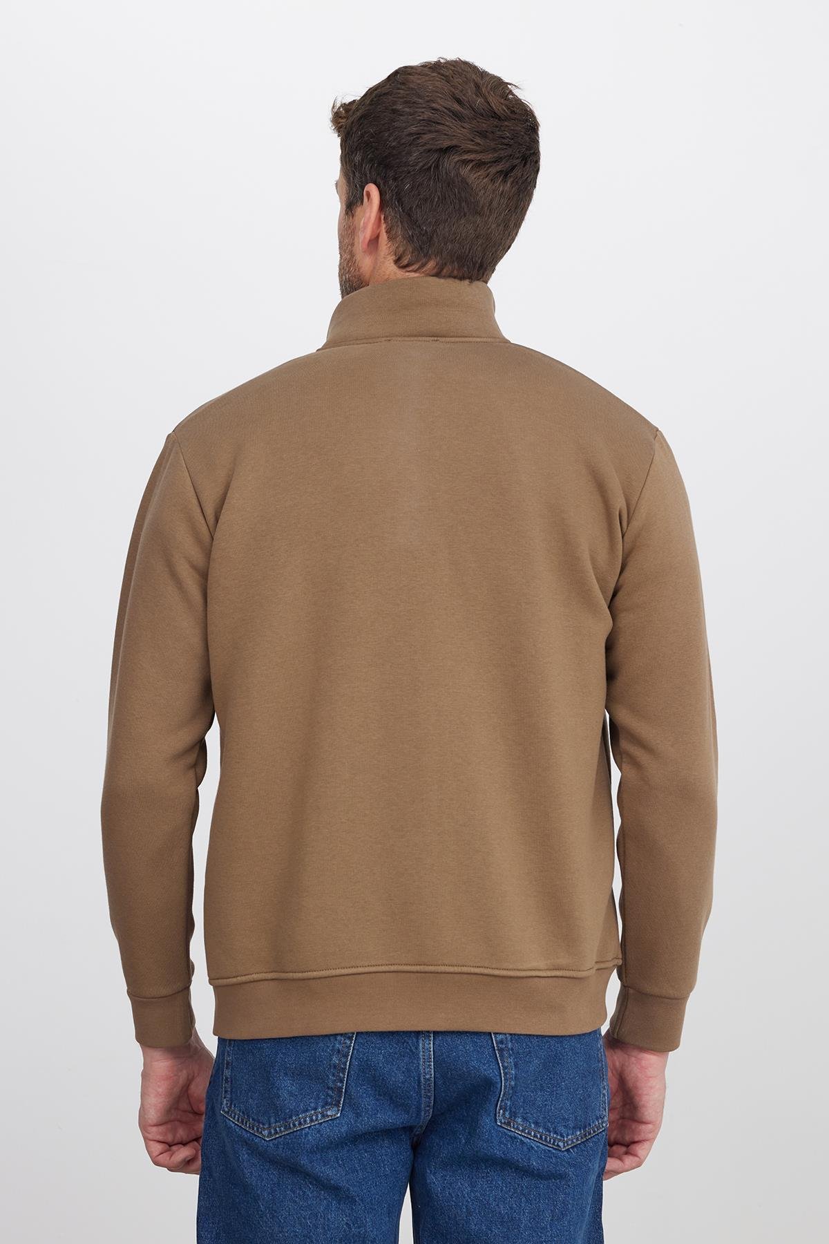 TUDORS Unisex Relax Fit Rahat Kesim Pamuklu 3 İplik İçi Polarlı Fermuarlı Kahverengi Cepli Sweatshirt Hırka görsel 7