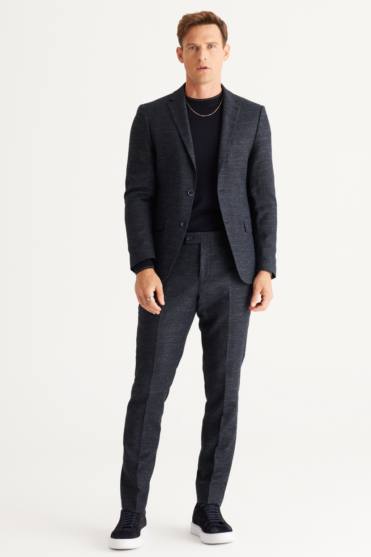 Altınyıldız Classics Erkek Lacivert Slim Fit Dar Kesim Mono Yaka Yünlü Desenli Takım Elbise