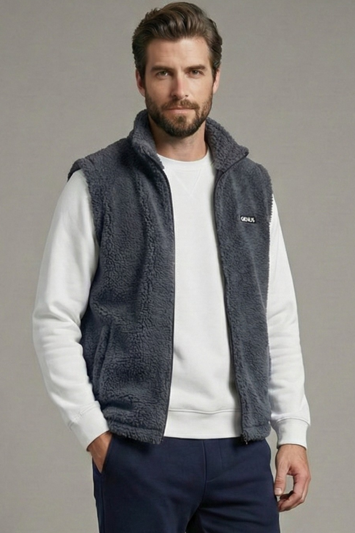 Genius Store Erkek Yelek İçi Şardonlu Sherpa Pelüş Yelek Tam Fermuarlı Cepli Kuzu Outdoor Yelek görsel 2