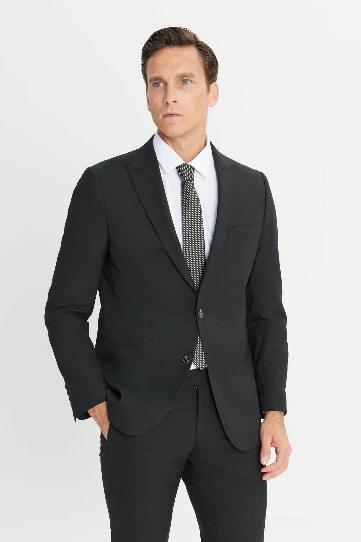 AC&Co / Altınyıldız Classics Erkek Siyah Su Geçirmez Ekstra Slim Fit Kırlangıç Yaka Yünlü Nano Takım Elbise