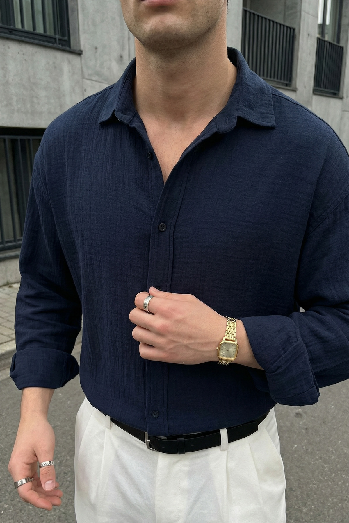 Livio Ferri Yurin Erkek Premium Müslin %100 Pamuk Oversize Uzun Kollu Gömlek görsel 4