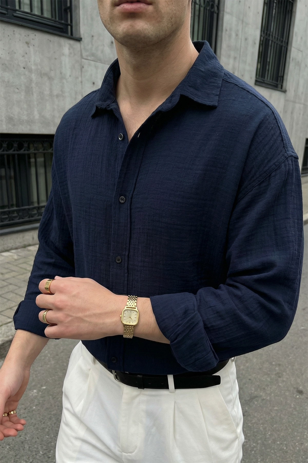 Livio Ferri Yurin Erkek Premium Müslin %100 Pamuk Oversize Uzun Kollu Gömlek görsel 5