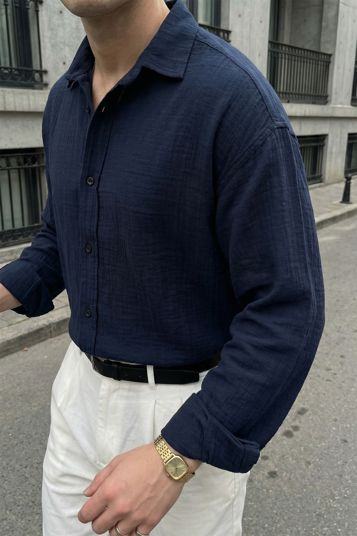 Livio Ferri Yurin Erkek Premium Müslin %100 Pamuk Oversize Uzun Kollu Gömlek görsel 6